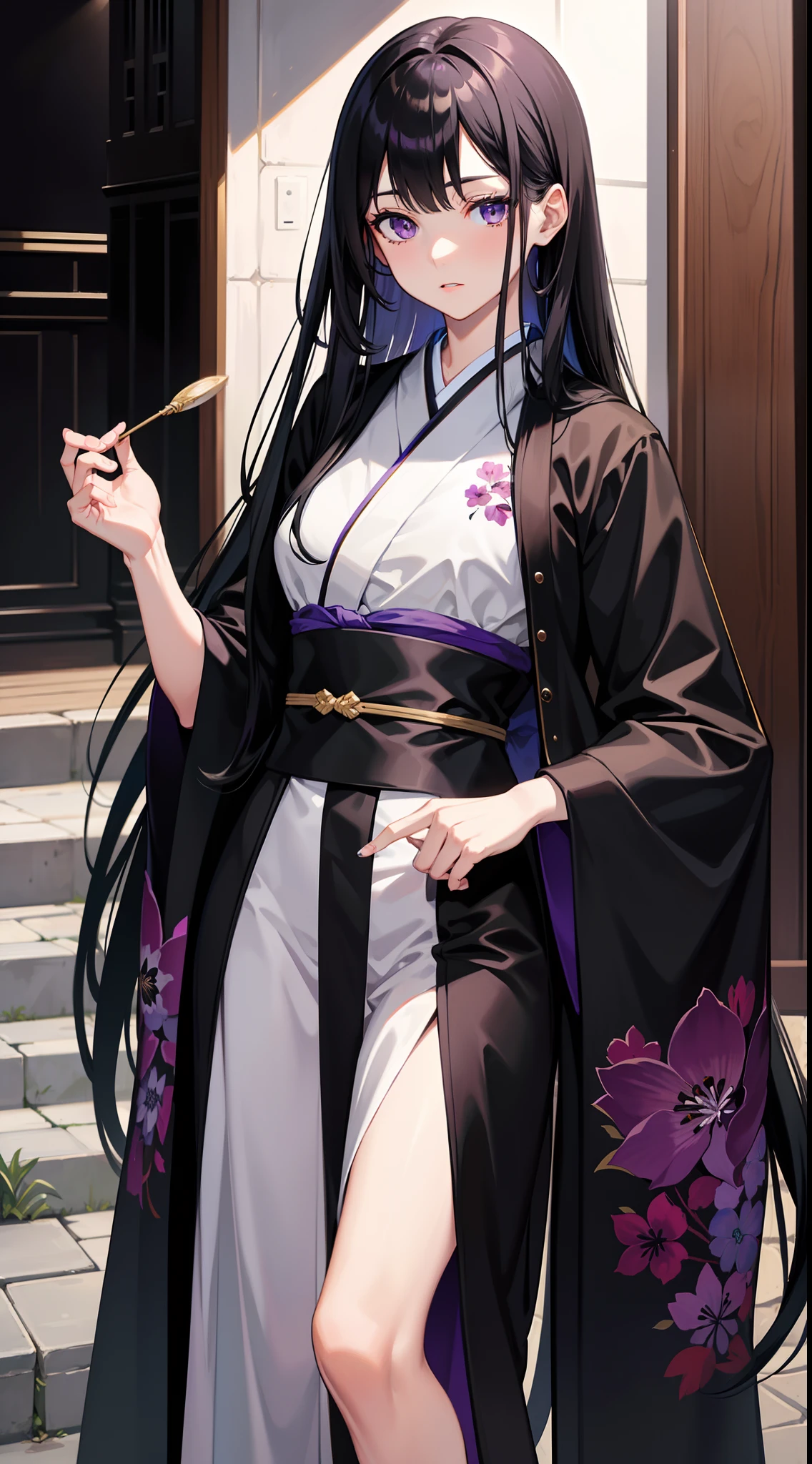 adult man, Long black hair, violet eyes, Thin, black kimono, Masterpiece, hiquality