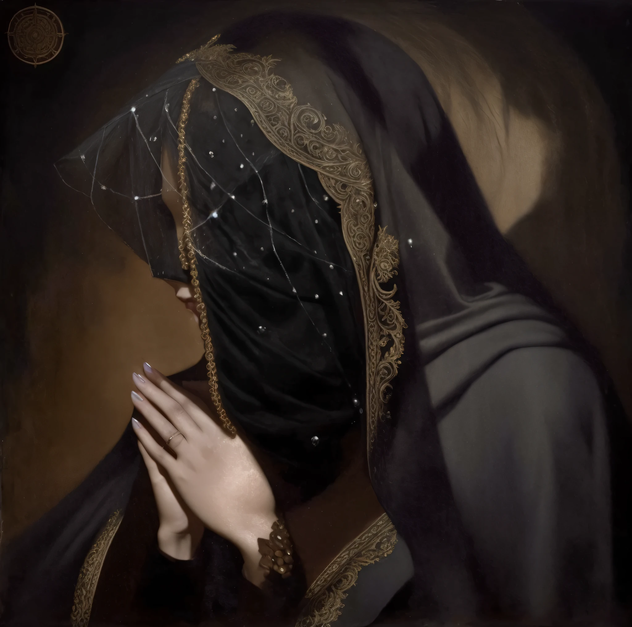 um close up de uma pintura de uma pessoa com capuz em, funeral veil, Directed by: Yoann Lossel, Agostino Arrivabene placeholder image, veiled, Orientalismo sombrio e sombrio, inspirado em Yoann Lossel, Anonymous, rosto velado, figura encapuzada surreal, tears of black oil, black veil, Directed by: Nicola Samori