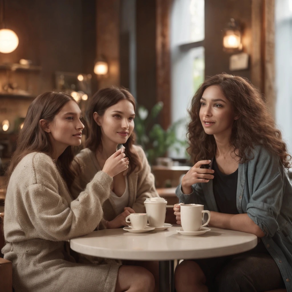 A group of friends gather in a cozy coffee shop. They are in an environment lit by natural light filtered through the curtains. They talk animatedly, each person has a unique style, reflected in their clothes and accessories. 

The décor of the cafeteria is cozy, with cups of coffee. The soft lighting creates a pleasant and inviting atmosphere.  The image is ultra-realistic and features high definition. (professional 3d render:1.3) af (Realistic:1.3) most beautiful artwork photo in the world, full body 8k unity render, action shot, skin pore, very dark lighting, heavyshading, Detailed, Detailed face, (vibrant, photograph realistic, Realistic, Dramatic, Dark, Sharp focus, 8K),  (Highly detailed:1.4), Digital painting, rendering by octane, art stations, concept-art, smooth, Sharp focus, illustration, Art germ, (loish:0.23), wlop ilya kuvshinov, and greg rutkowski and alphonse mucha gracias, (Global illumination, Studio light, volumettic light), CGSesociety,art stations.