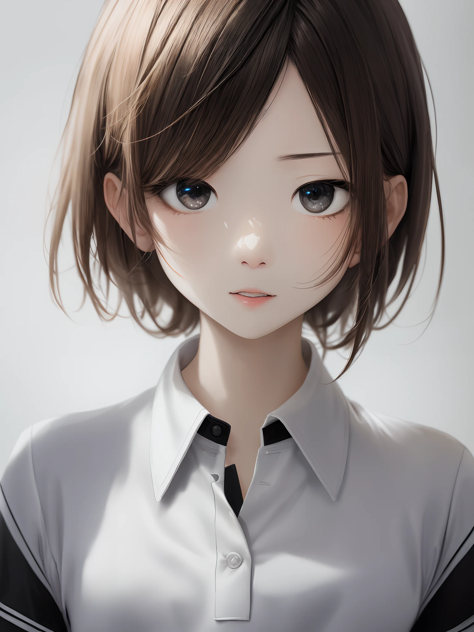 女の子1人、独奏、White polo shirt、​masterpiece、top-quality、realisitic、Hyper-detailing、absurderes、Looking at the camera、cabelos preto e longos、brown-eyed、A slender、动态照明、hight resolution、foco nítido、depth of fields、A detailed eye、Sharp eyes、realisitic、The upper part of the body
