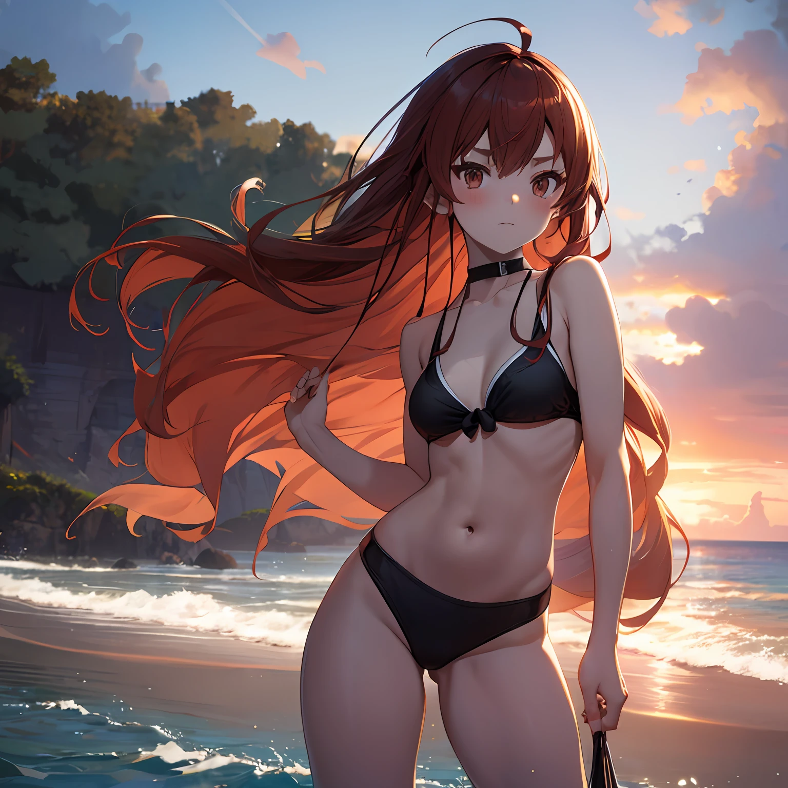 A masterpice waifu, 1 8 years, best-Quality, Small_Breast, looking at the viewers red swimsuit, random posing seas beach Cool face Beautiful back