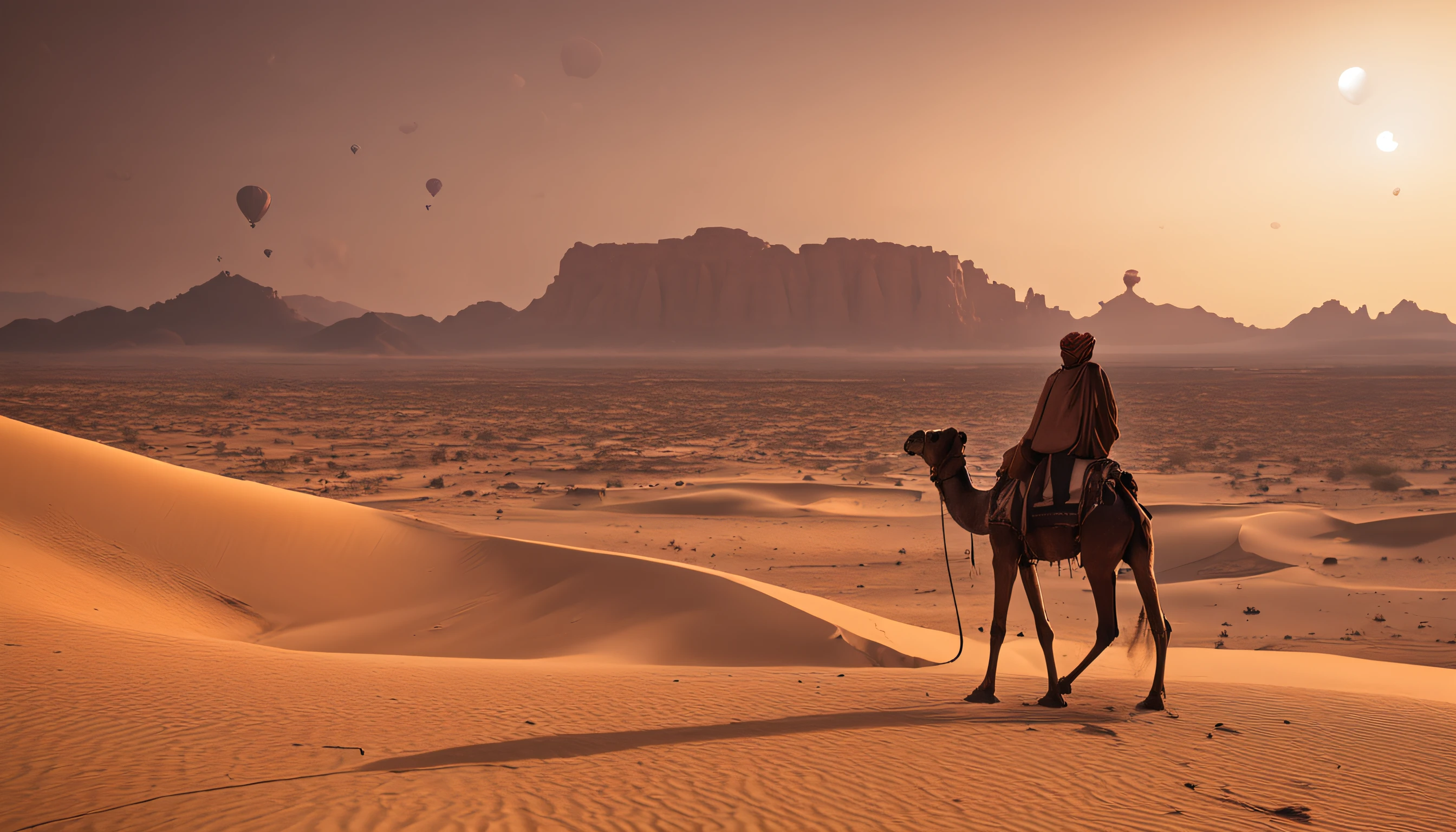 Cinematic images,night moon,Ultra-wide viewing angle,eventide,the setting sun,The vast desert has camel caravans,oases,Works of masters,super-fine,16K resolution,high qulity,电影灯光,High picture detail,dynamic viewing angle,Detailed pubic hair,Epic shooting,oc rendered