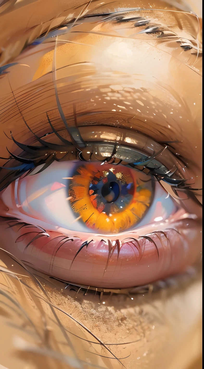 Conceito: Um olho castanho iluminado pela luz do sol
Prompt: Um olho castanho profundo, detalhadamente texturizado, capturado em um close-up impressionante. The soft, golden light of the sun pierces the iris, creating glowing reflections that dance on the surface of the eye. Cada detalhe, from eyelashes to iris patterns, is clearly visible. The emotion contained in the gaze suggests mystery and depth.

(Melhor qualidade: 1.4), (Ultra Highres: 1.2), 8K resolution