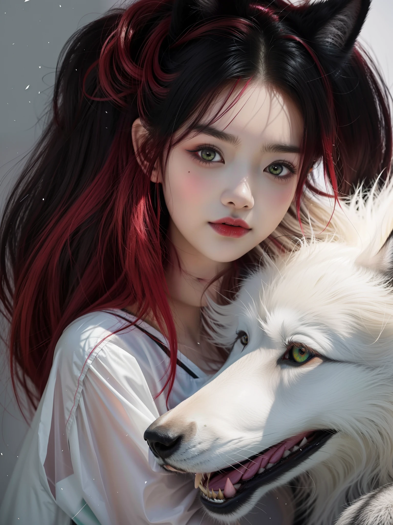 Anime girl with red hair and black ears hugging black wolf with green eyes, Arte em estilo Guviz, Guviz, A obra-prima de Guweiz, Guweiz em Pixiv ArtStation, Guweiz em ArtStation Pixiv, por Yang J, Loish e Wlop,arte digital detalhada bonito, lovely digital painting, 4k, ((alta resolução))