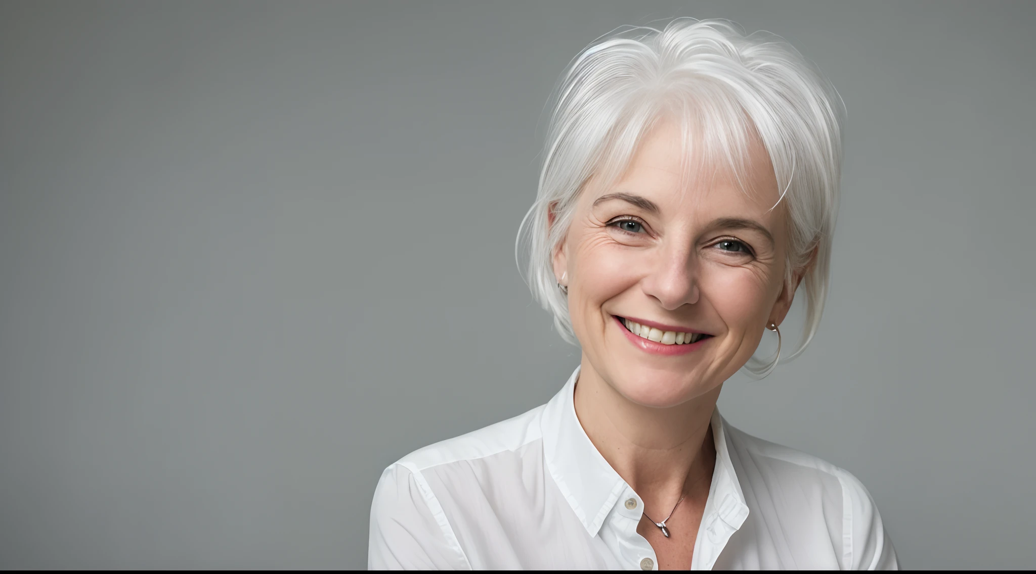 a woman with white hair smiling and wearing a white shirt, white haired lady, smiling woman, white haired, white-haired, she is smiling and happy, making the best smug smile, gray haired, beautiful and smiling, silver haired, she is smiling, 70 years old, 7 0 years old, wearing silver hair, flowy white grey hair, smiling with confidence