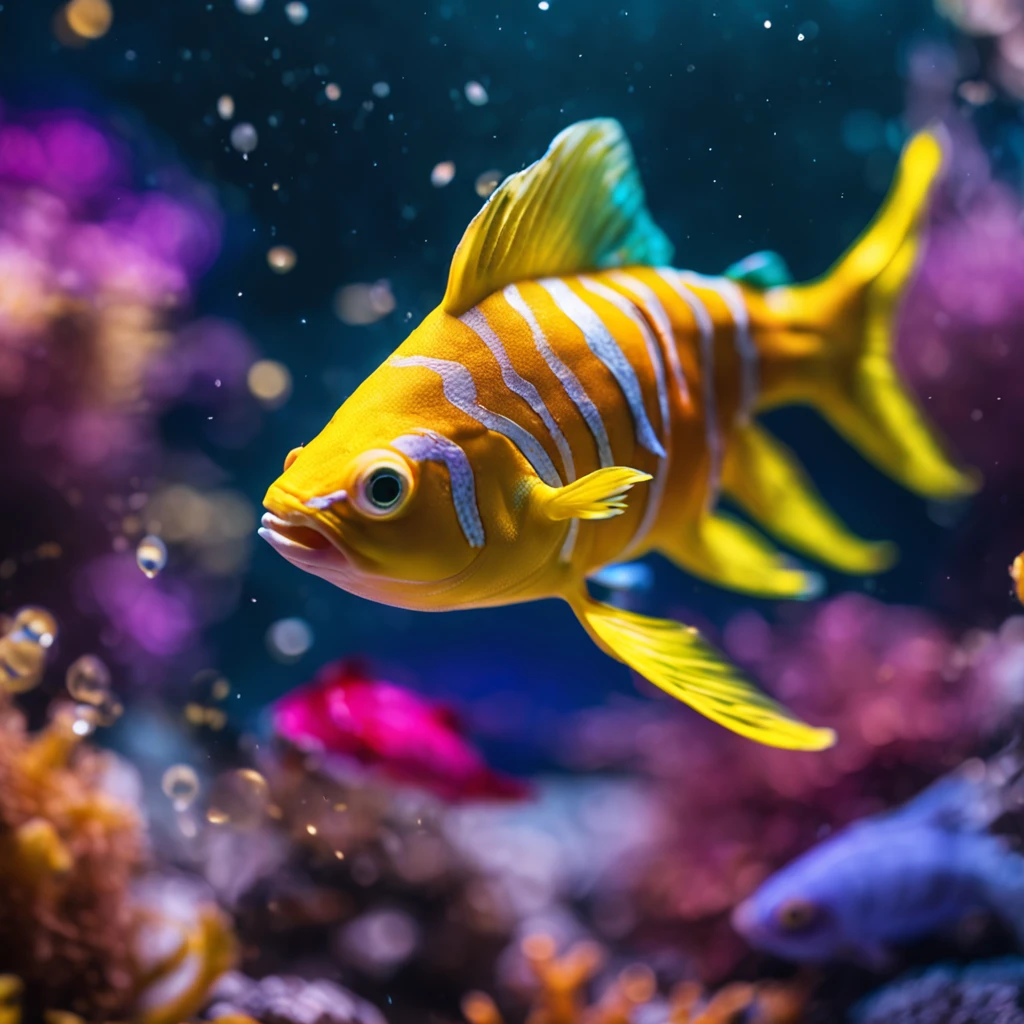 A ultra picture of a colorful fish swiming away from the camera, high reselution, high qaulity, beautiful underwater ligthing, vibrant, Miki Asai Macro photography, close-up, hyper detailed, trending on artstation, sharp focus, studio photo, intricate details, highly detailed, by greg rutkowski