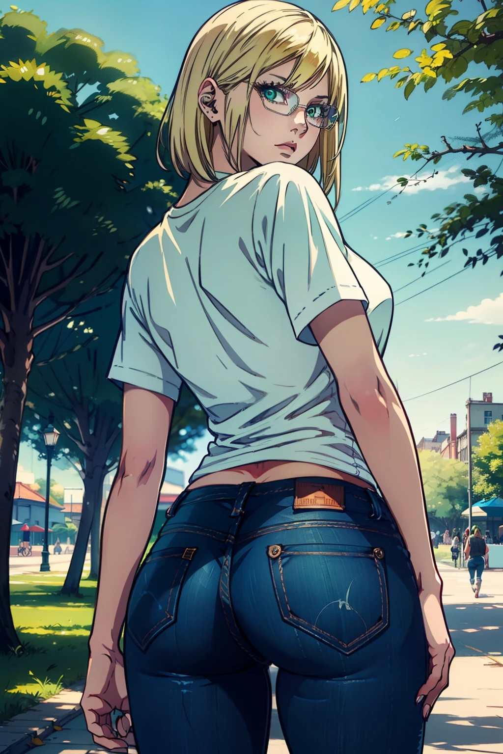 (masterpiece, best quality, ultra-detailed), 1girl, MichelleKD, blonde hair, green eyes, glasses, looking at viewer, from behind, (short jeans), white t-shirt, in the park, bellow view