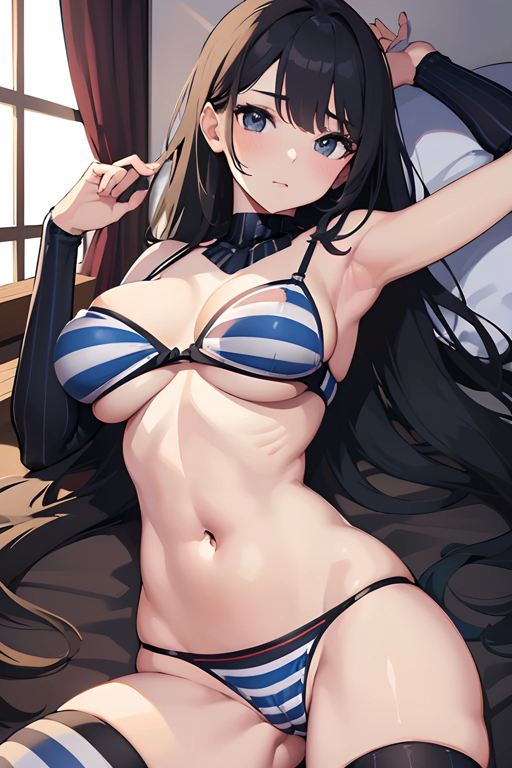 ((Best Quality, 8K, ultra-detailed, Masterpiece: 1.3)), 1girl, shiny skin, sharp, Perfect Body Beauty, realistic shaded perfect body, ("stripes panties, transparent_pussy":1.2), (striped bra:1.2), ("kneehighs, stripe":1.2),big_breasts ,(dynamic pose:1.1), underboob,thigh , cute , bedroom ,lying