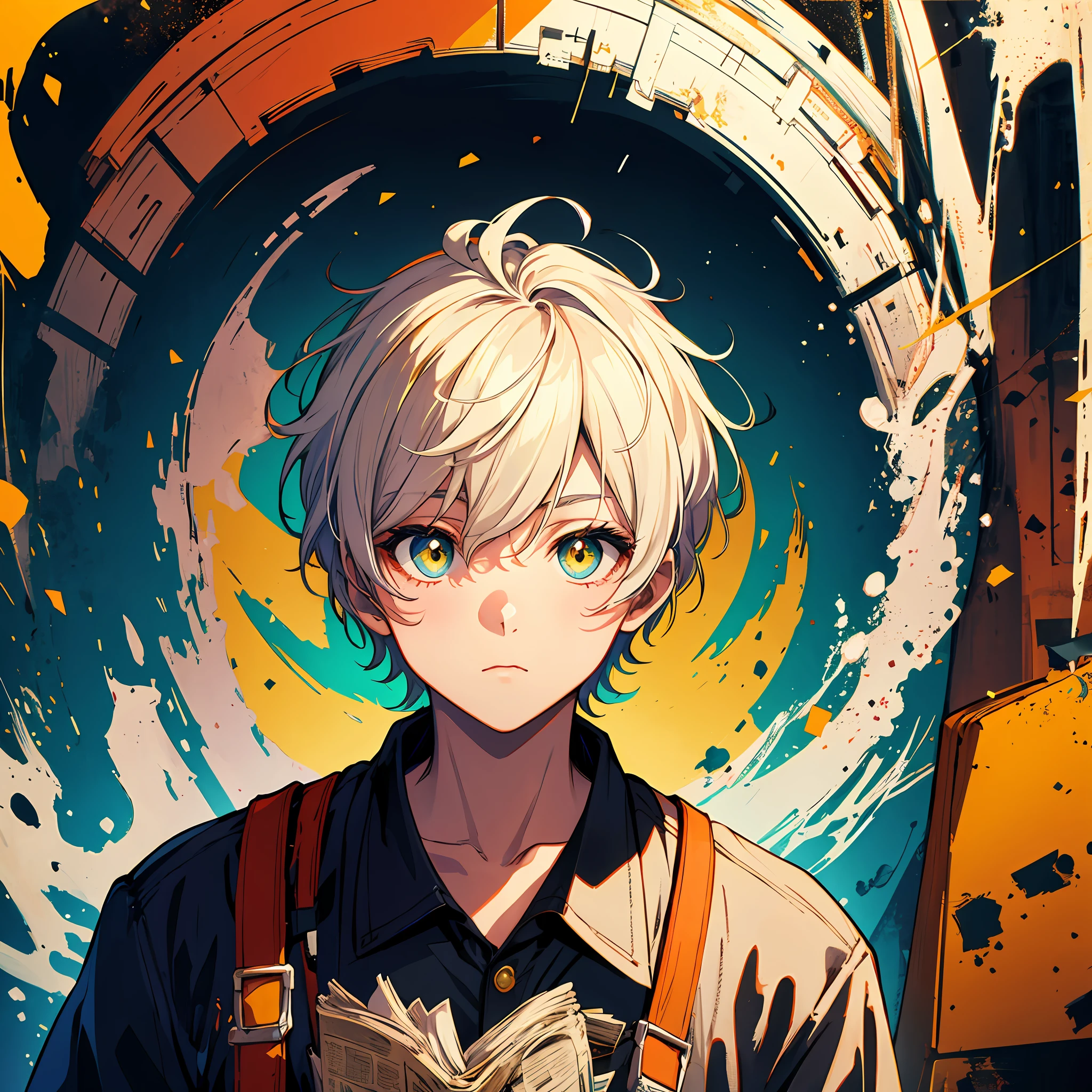 a super cool boy, white short hair, big bright eyes, cool feeling, retro suspender, vintage style, low saturation colors, mottled texture, the yellowed texture, art by Kurahashi Rei, front view, background is a wall composed by newspapers, 8k--ar 3:4,