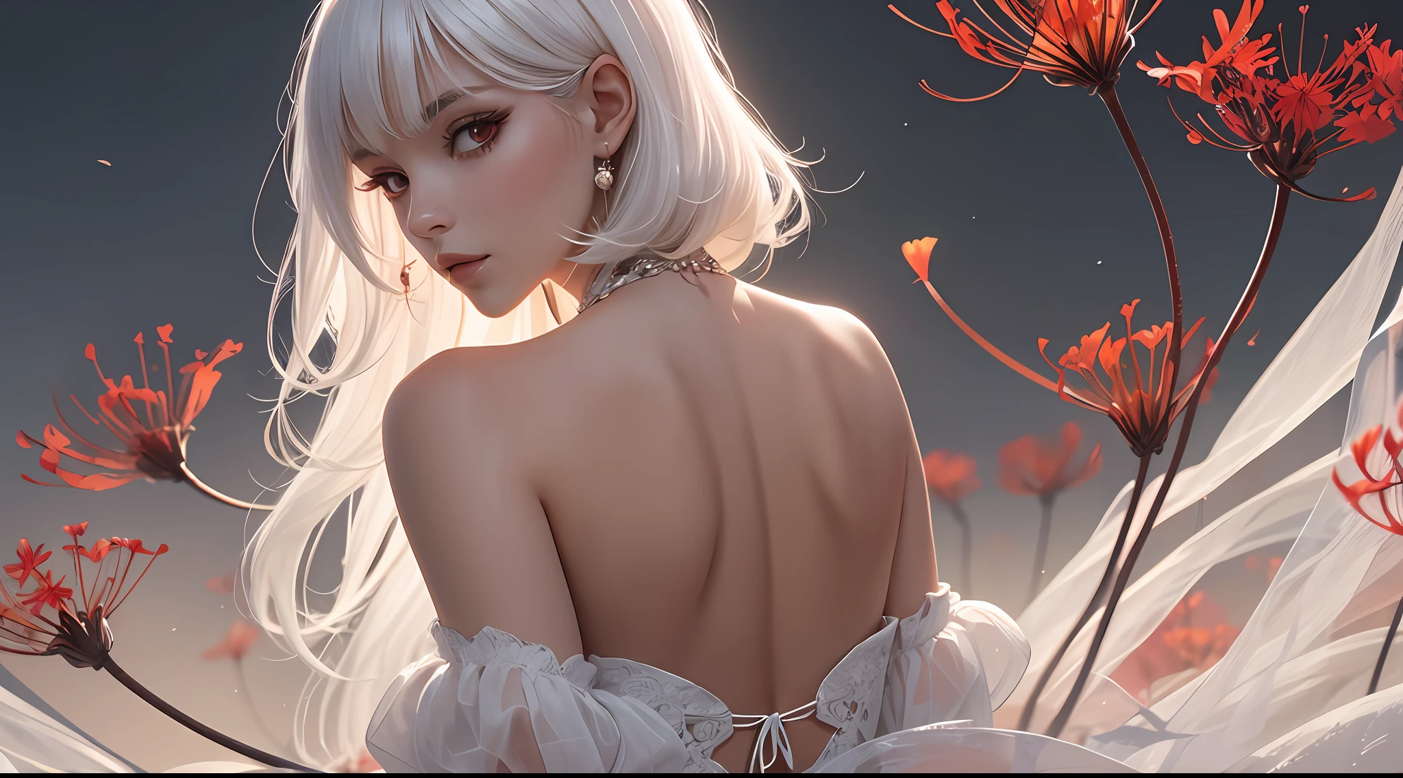 a beautiful lady, red eyes, straight hair, white hair, backless dress, from behind, looking at viewer, looking back, red spider lilies