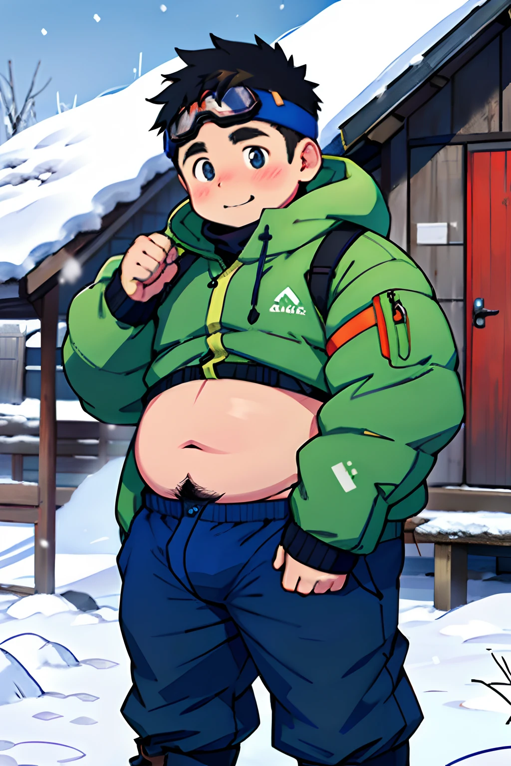 Draw a chubby cute boy,Stand in front of a hut in the snow。Goggles are worn on the forehead,,revealing her belly,Chubby 18 year old boy,The crotch protrudes,pupils,prominent pubis,Shy,The crotch protrudes,prominent pubis,The crotch is raised