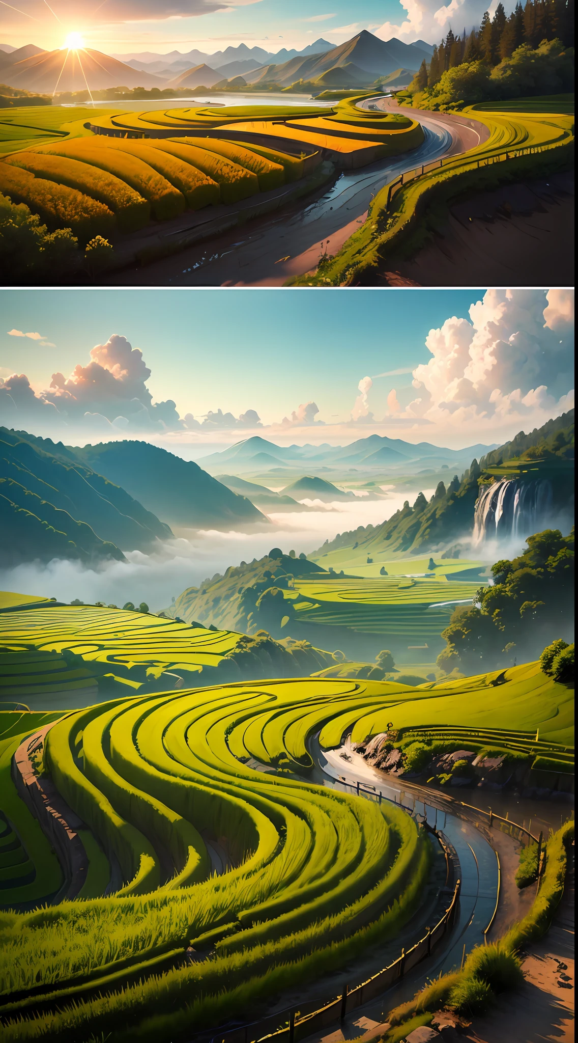 Wallpaper, Stepping into a world of natural artistry, terraced rice fields paint a mesmerizing portrait of beauty. Each level, meticulously carved into the land, transforms into a canvas of vibrant green, reflecting the sun's warm embrace. As mist weaves through the tiers during dawn, these undulating landscapes seem to whisper tales of generations connected to the land, evoking a sense of serene wonder that only nature's masterpiece can provide. --auto