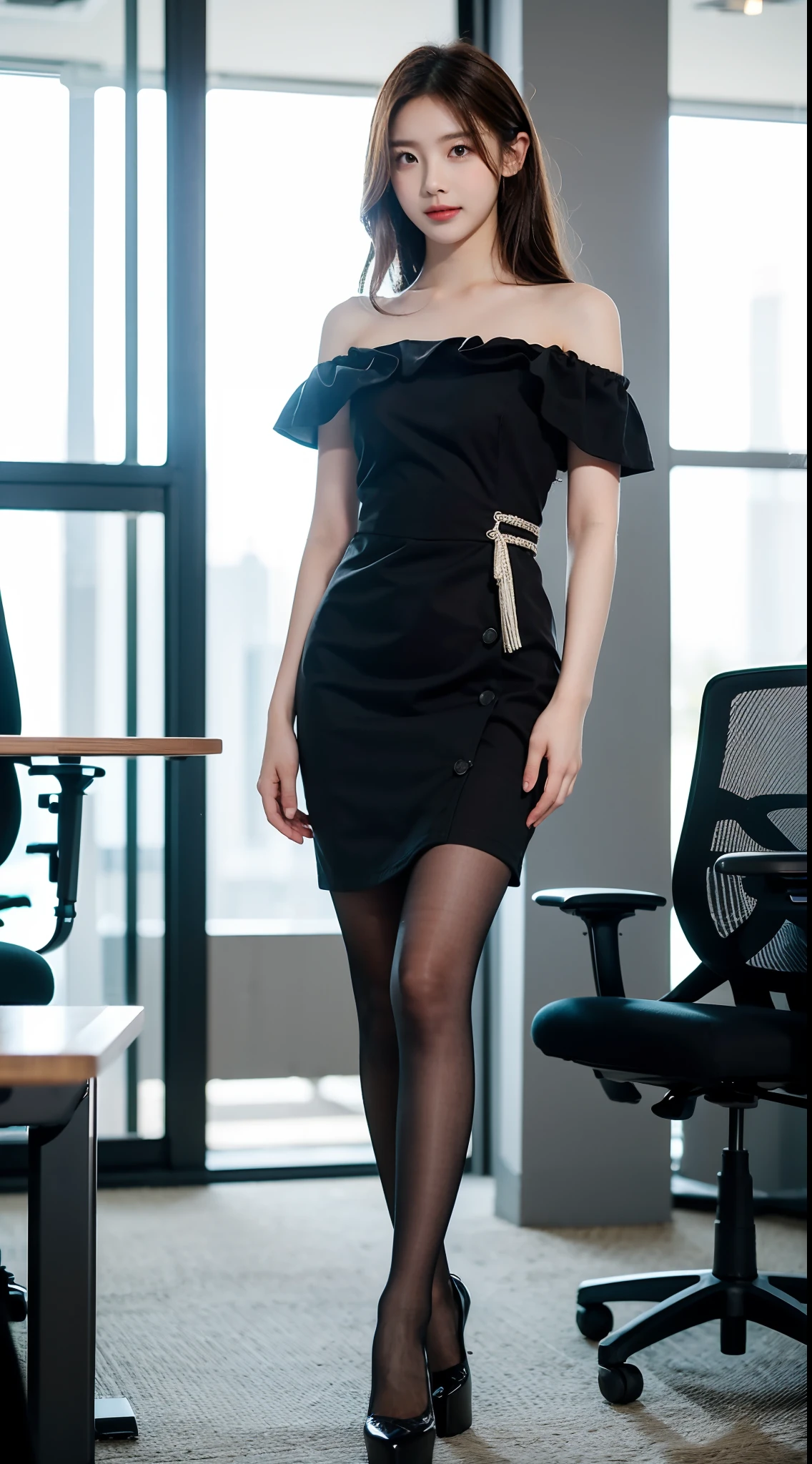 (8K,best qualtiy,tmasterpiece:1.2),(Photoreality:1.4),(RAW photos),Perfect details,1girll,Korean female model,Solo,Melon seed face,Wavy curly hair,Pure desire,Raised sexy,secretary,Wear a sky-blue one-shoulder lace waistband dress,Wear black high heels,Wearing black 10d pantyhose,office room,meeting room,are standing,dignified,fully body photo