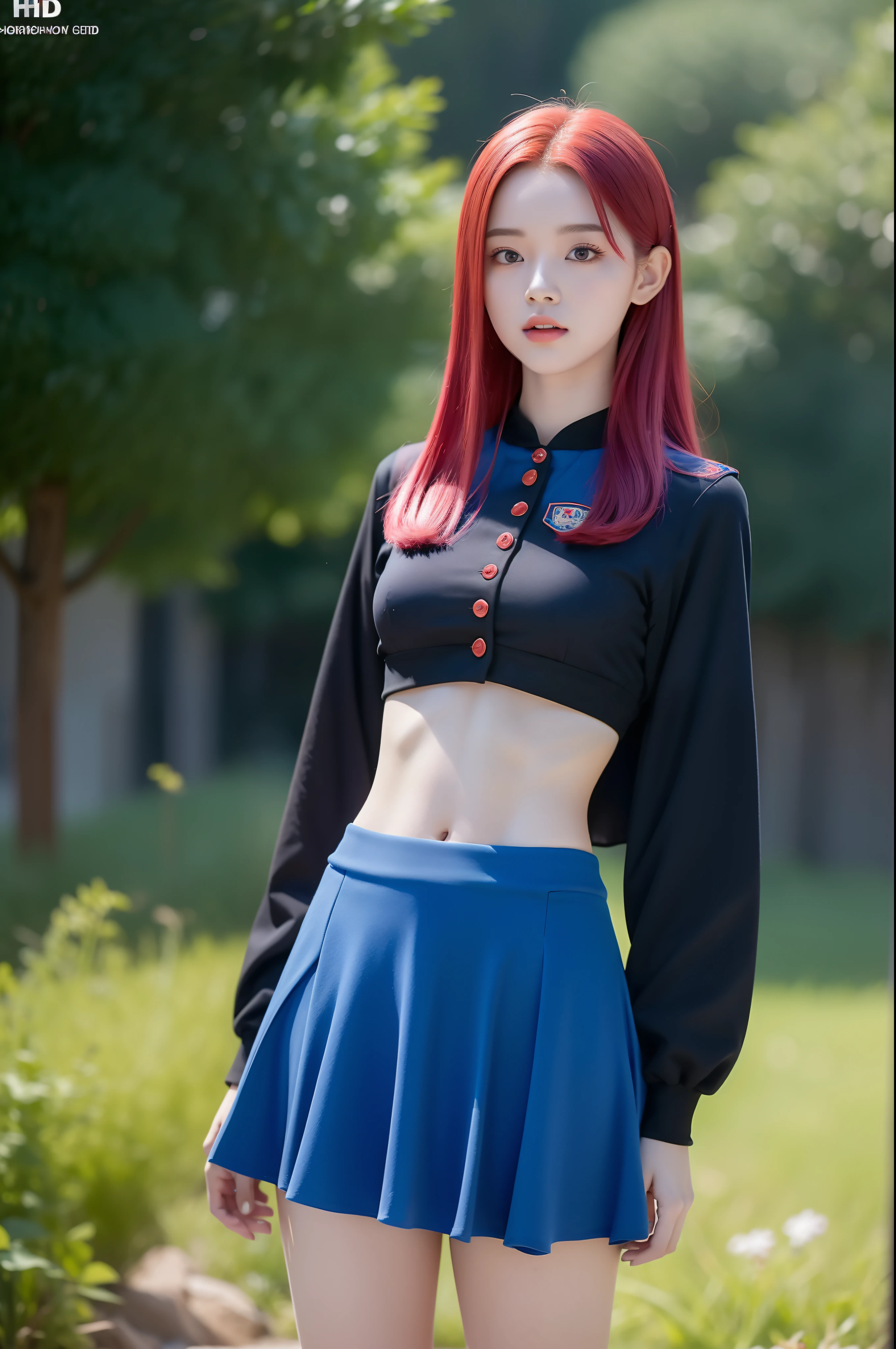 "Full body view of 18 years old Kim Chaewon as a young witch girl with blue red hair. She is standing confidently, with a slight exposure of her midriff and a petite figure. The photo is captured in UHD 4K, exhibiting exquisite details."