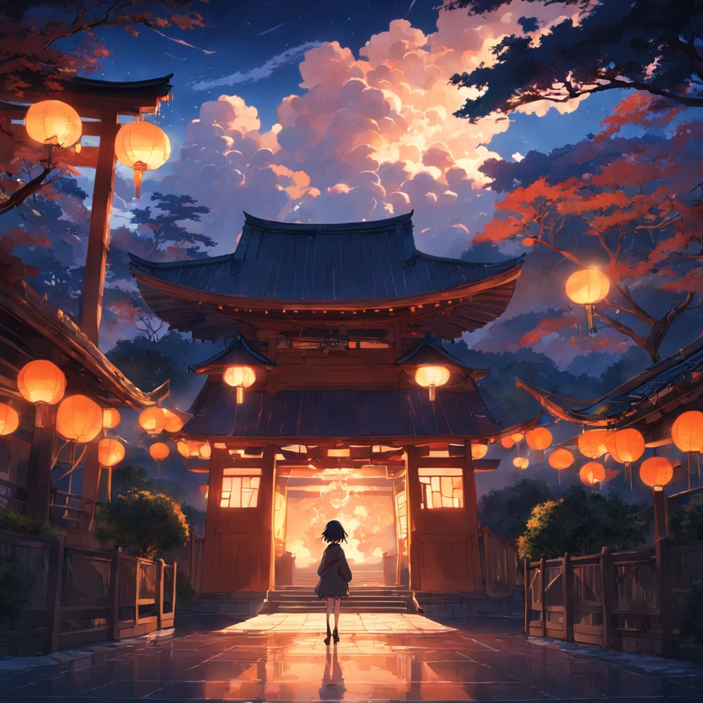 masterpiece, best quality, movie still, women, suburban, japanese architecture, bright, happy, warm soft lighting, sunset, (sparks:0.7), trees, wonderful, clouds, ambient lighting