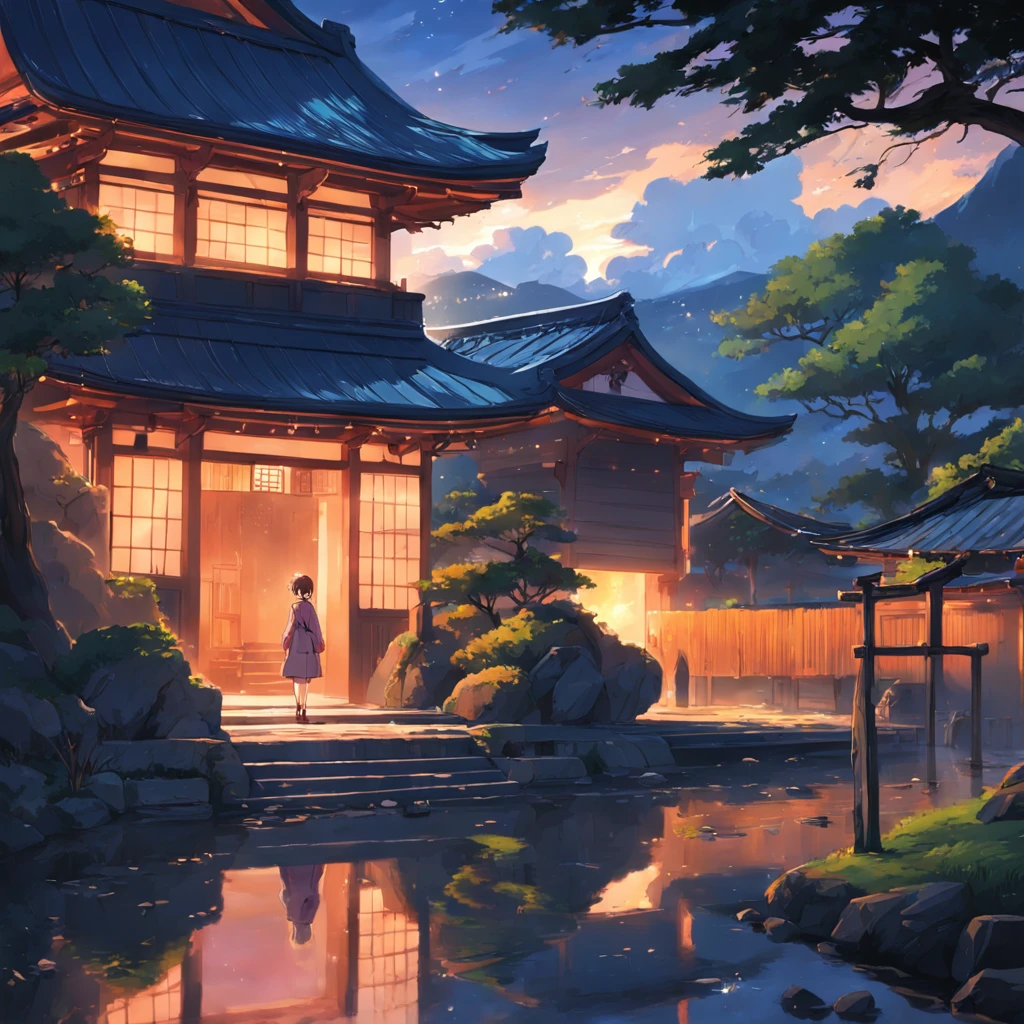 masterpiece, best quality, movie still, women, suburban, japanese architecture, bright, happy, warm soft lighting, sunset, (sparks:0.7), trees, wonderful, clouds, ambient lighting