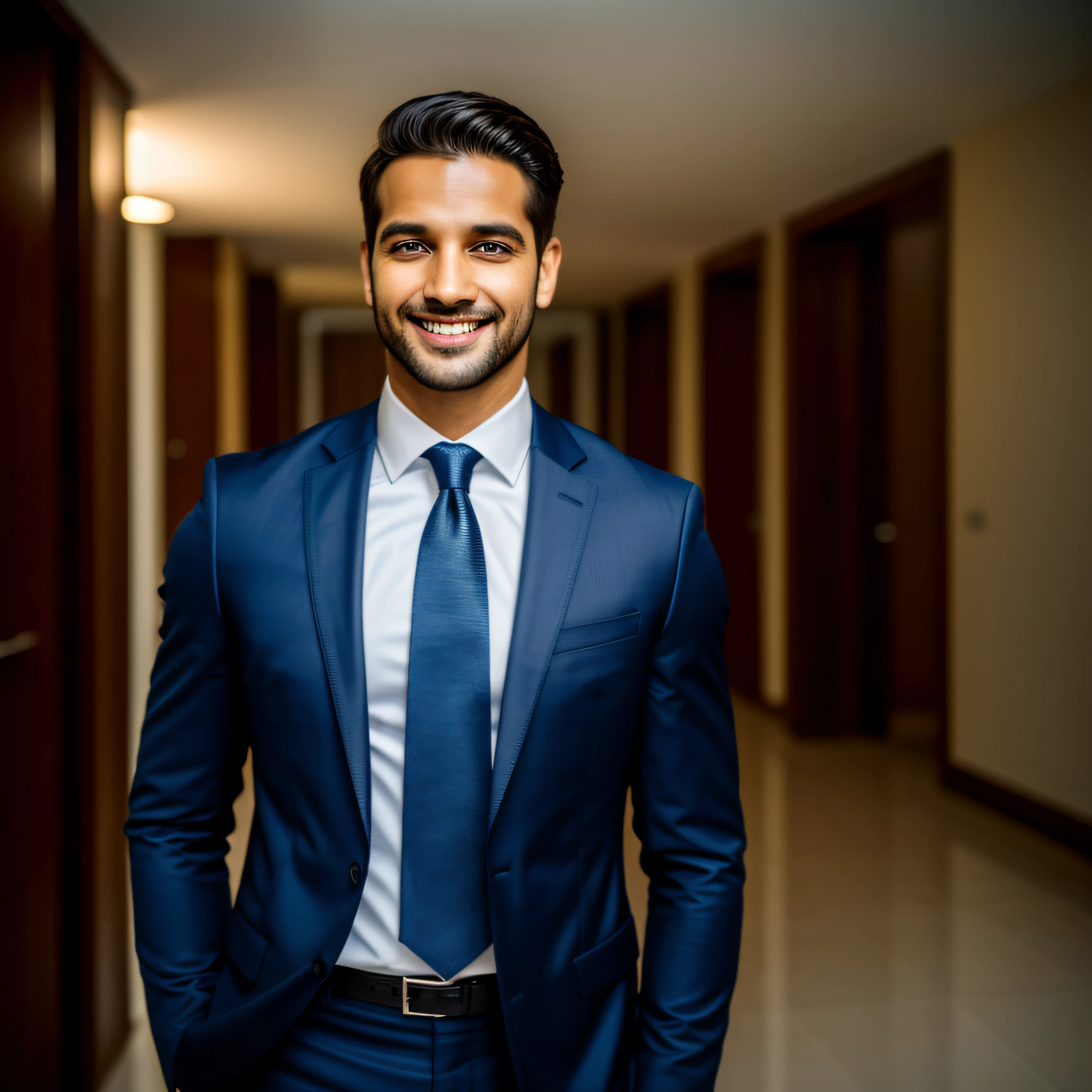 corpo inteiro, a man standing with 30 years in a suit and tie, body and head straight in the photo, DSRL, de frente para o espectador da foto, eyes fixed to the lens, Appears shoulders and head in the photo, homem centrado na foto, 8k, melhor qualidade, obra-prima, realista, foto realista, foto de filme, ultra realista, 1 pessoa, detalhado, dobra um cheque de tamanho regular, coloca-o no bolso e ele vai embora alegremente, leaving others curious about the secret behind his smile. perfect lighting, DSRL, foto profissional, 4k , corpo inteiro, altamente realista, sorridente, homem e mulher