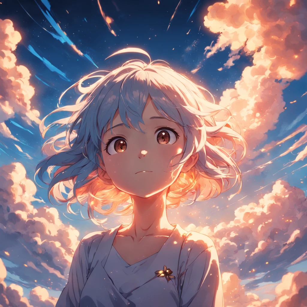 masterpiece, best quality, movie still, 1girl, cloud girl, floating in the sky, close-up, bright, happy, warm soft lighting, sunset, (sparks:0.7)