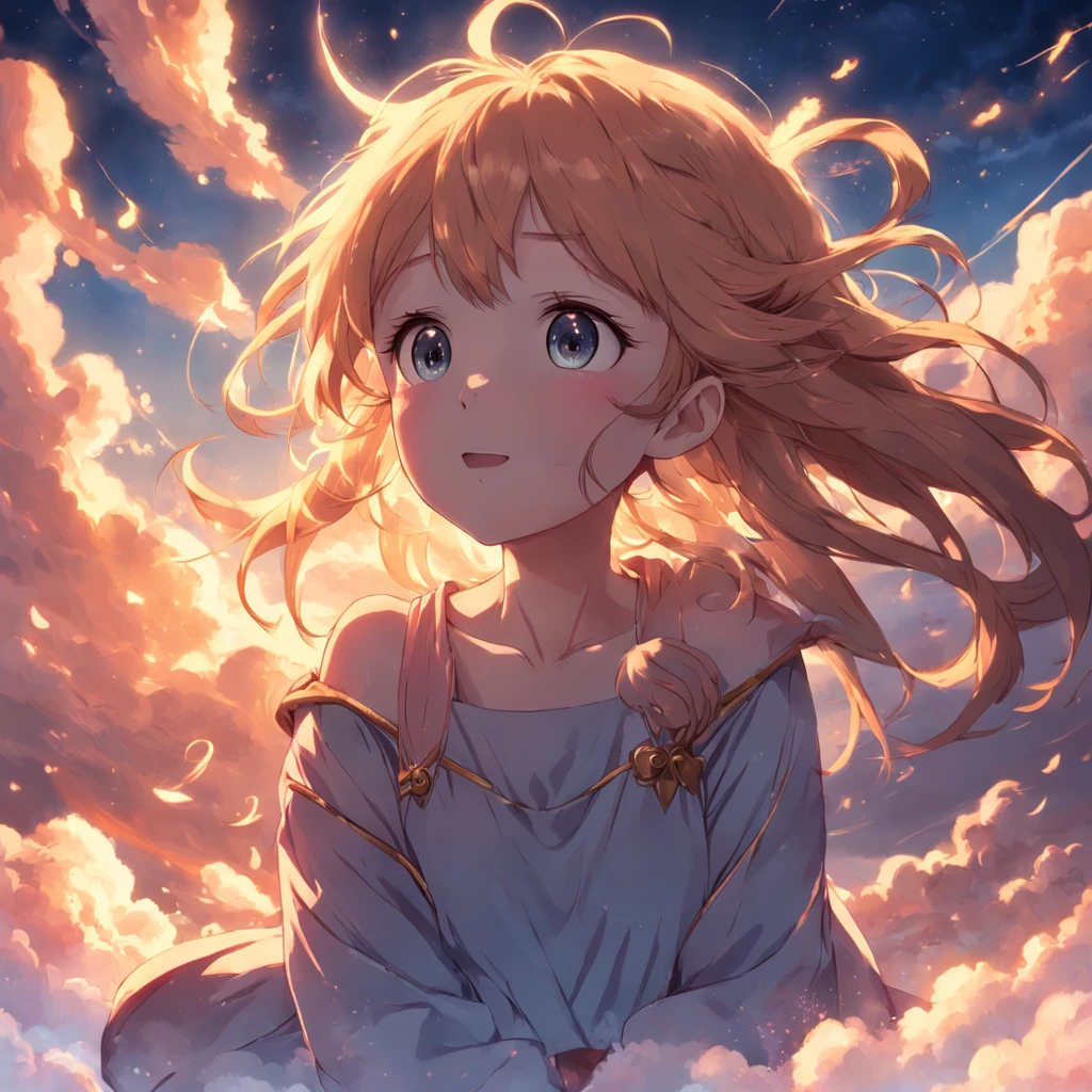 masterpiece, best quality, movie still, 1girl, cloud girl, floating in the sky, close-up, bright, happy, warm soft lighting, sunset, (sparks:0.7)