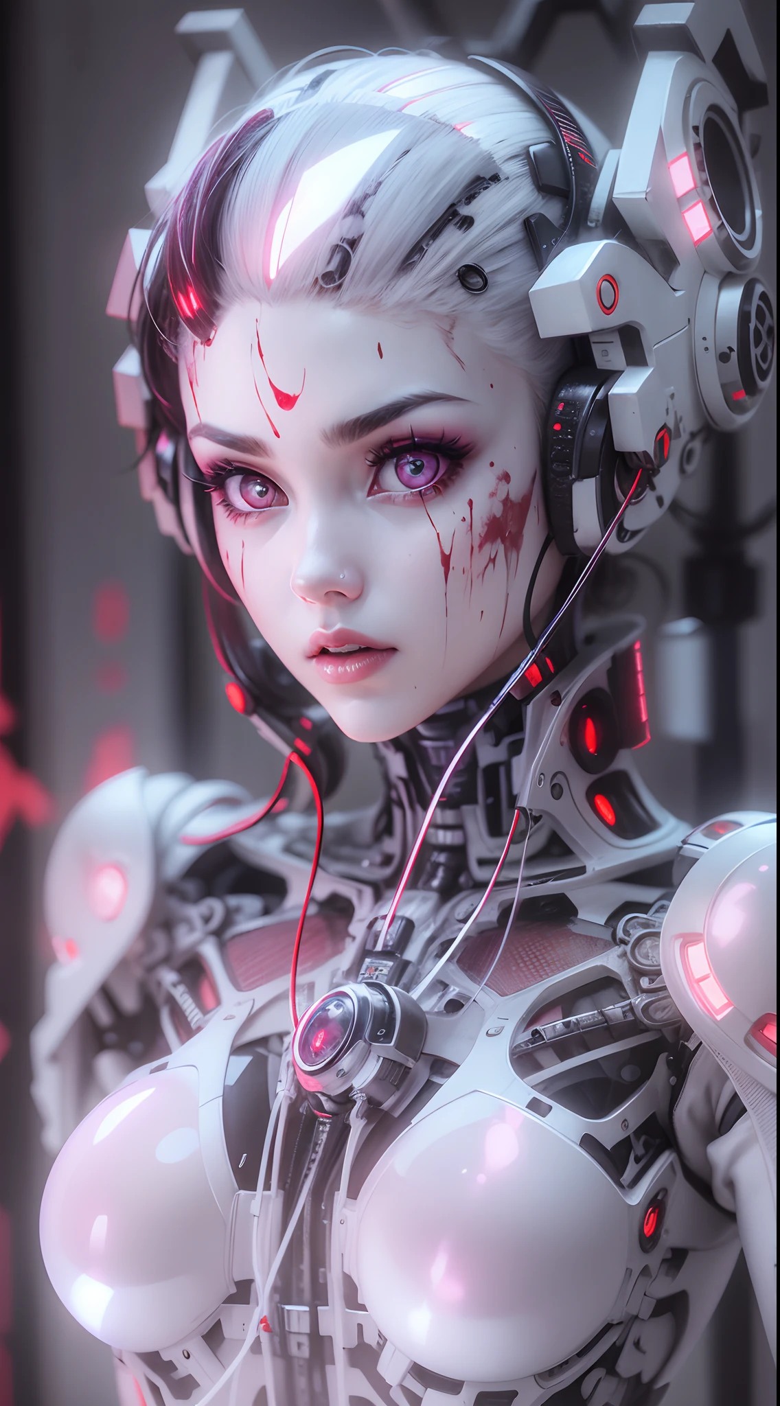Cold cybergirl bust,Wear a blood-colored technology exoskeleton,The expression was cold,White eyeballs,super-fine,Fine high-tech oval composition,Beautiful image,Multiple monochromes,tmasterpiece,acurate,Accurate light and shadow