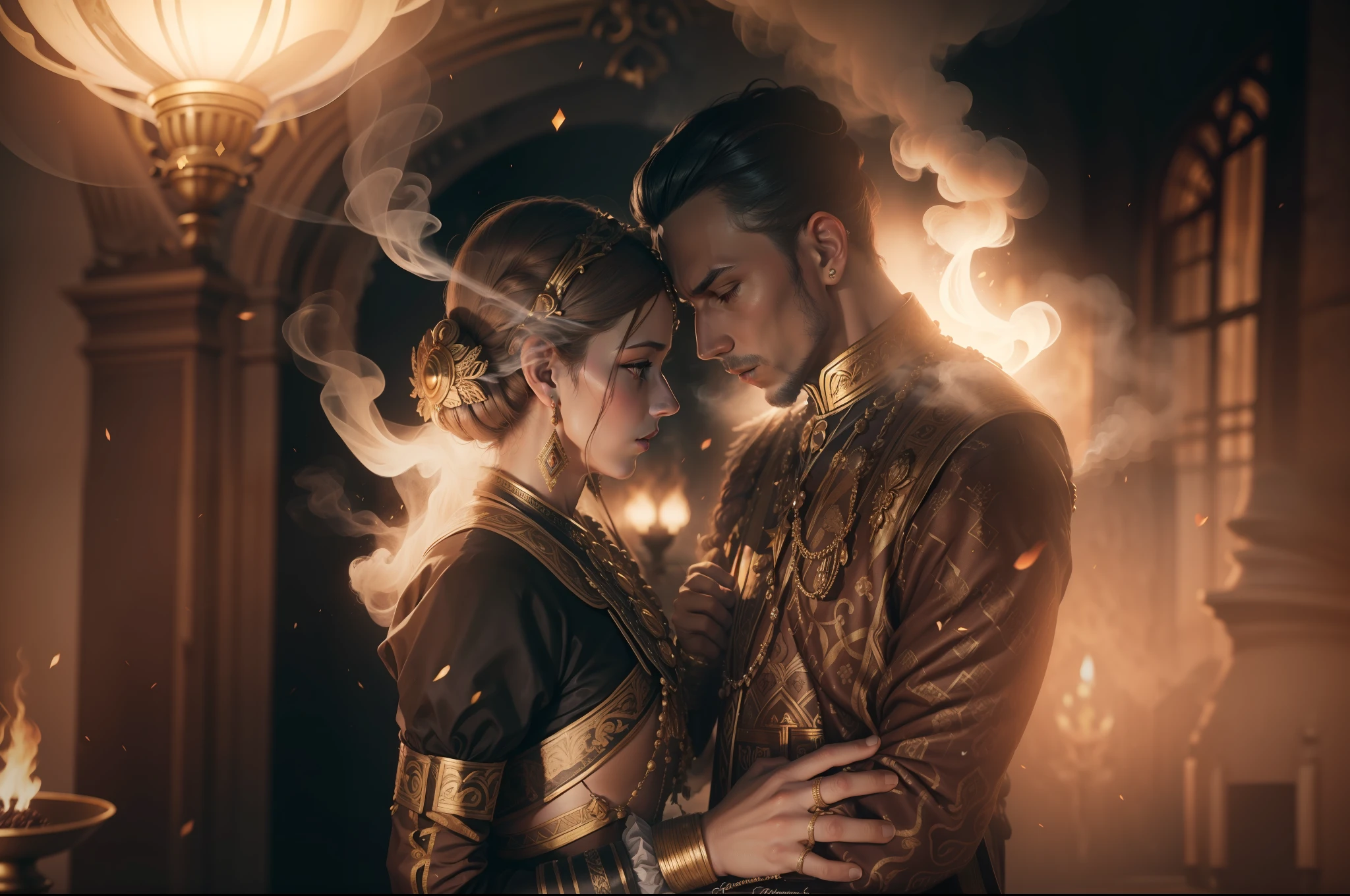 A historical queen and king copoule photography 8k, sigma 85mm1.4, real face tone, brownies background with smoke light