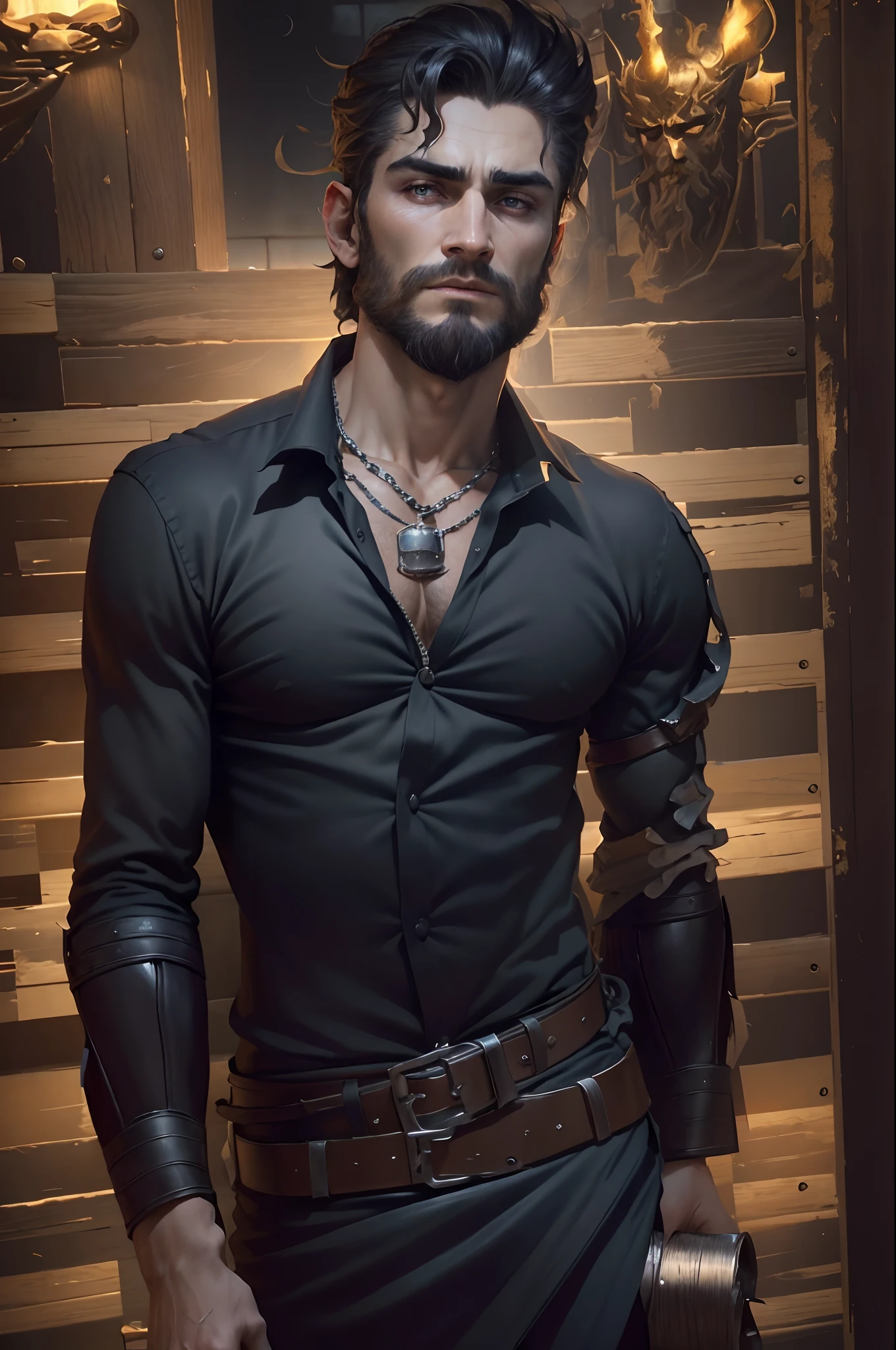 ((Best Quality)), ((Masterpiece)), (Detailed), image of Hades the Greek, (mythology: 1.2), (Majestic appearance: 1.1), loose beard and hair, muscular physique, Wearing a trident (The Realm of the Underworld: 1.1), (A powerful creature: 1.2), (Divine aura: 1.1), (domineering look: 1.1), 8K разрешение Viking, rocker, Rockstar, Cool, glare, radiance, spectrum, titanium, titanium, warrior, samurai, Strong WILL, Mighty strength, Energy, zipper, Salute, northern lights