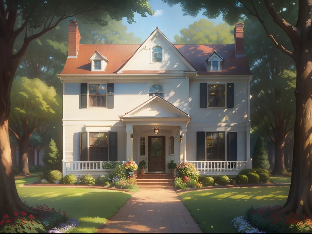 A charming double-story red brick house is nestled amidst a serene countryside landscape. The house features an inviting front porch adorned with hanging flower baskets. Sunlight filters through the surrounding trees, casting dappled shadows on the lush green lawn. The artist, Thomas Kinkade, captures the scene with warm hues and soft lighting, creating an atmosphere of cozy tranquility.