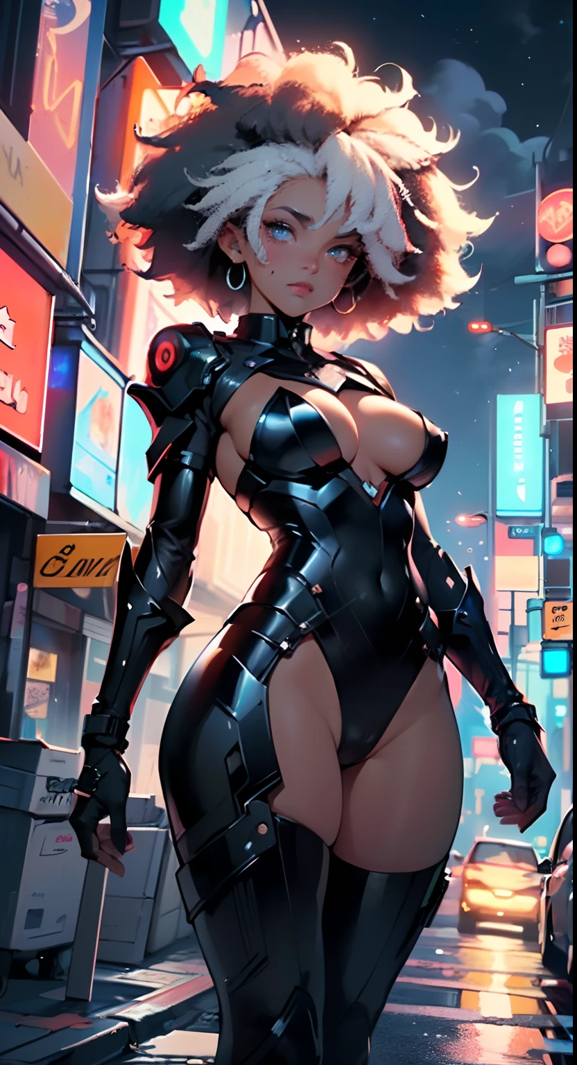 girl spacepunk,(((1girl))),((1 extremely cute and beautiful afro haired anime girl)),((((black race)))),
(large breasts:1.4),saggy breasts,((((black afro hair:1.35,((afro hair:1.35)),afrohair,afro:1.35,dark hair,black hair,)))),medium hair,((heterochromia,eye1 orange,eye2 red,perfect eyes,upturned eyes:1.3,beautiful detailed eyes,finely detailed beautiful eyes:1,big highlight on eyes:1.2)),((fat)),((((tan,dark skin,black skin:1.35,dark-skinned_female,dark skin:1.3,ebony skin,lustrous skin:1.5,bright skin: 1.5,shiny skin,very shiny skin,shiny body)))),(spider lower abdomen,narrow waist,wide hip,athletic body,inflated legs,delicate detailed fingers),((hand consists of a short thumb and four fingers,hand with just five fingers,(detailed face))),
cute,slutty,sensual,seductive look,seductive,erotic,enchanting,(((nsfw))),
zettai ryouiki,revealing clothing,show skin,(wearing a mechanical space body armor:1.3,micro bikini,bare legs),(detailed outfit,detailed clothes),
(dynamic pose:1.0),solo focus,embarrassed,centered,scale to fit dimensions,Rule of thirds,
outdoors,((night view)),(very pretty city neon synthwave,cyberpunk night street Background:1.5,dark sky,thick clouds),future vehicles,((neon lights)),thick clouds,(cyberpunk style,neon lights, (synthwave theme background), lonely street),(((detailed background:1.25))),
(best quality),(high resolution),(sharp focus),(ultra detailed),(extremely detailed),(extremely high quality artwork),8k_wallpaper,(extremely detailed CG 8k),(very fine 8K CG),((hyper super ultra detailed perfect piece)),flawless,(((masterpiece))),illustration,vibrant colors,(intricate),High contrast,Selective lighting,Double exposure,HDR (High Dynamic Range),Post-processing,Background blur,