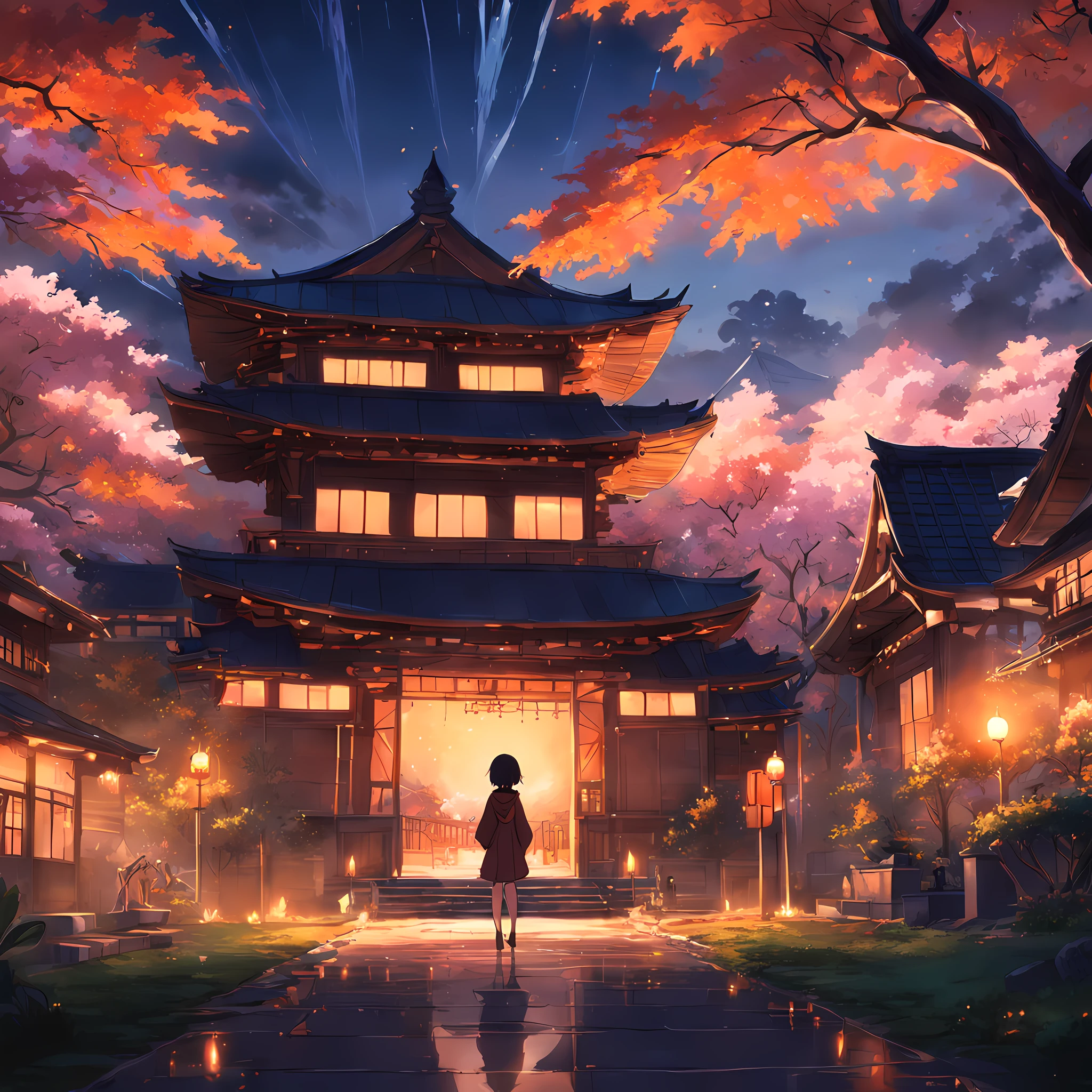 masterpiece, best quality, movie still, women, suburban, japanese architecture, bright, happy, warm soft lighting, sunset, (sparks:0.7), trees, wonderful, clouds, ambient lighting