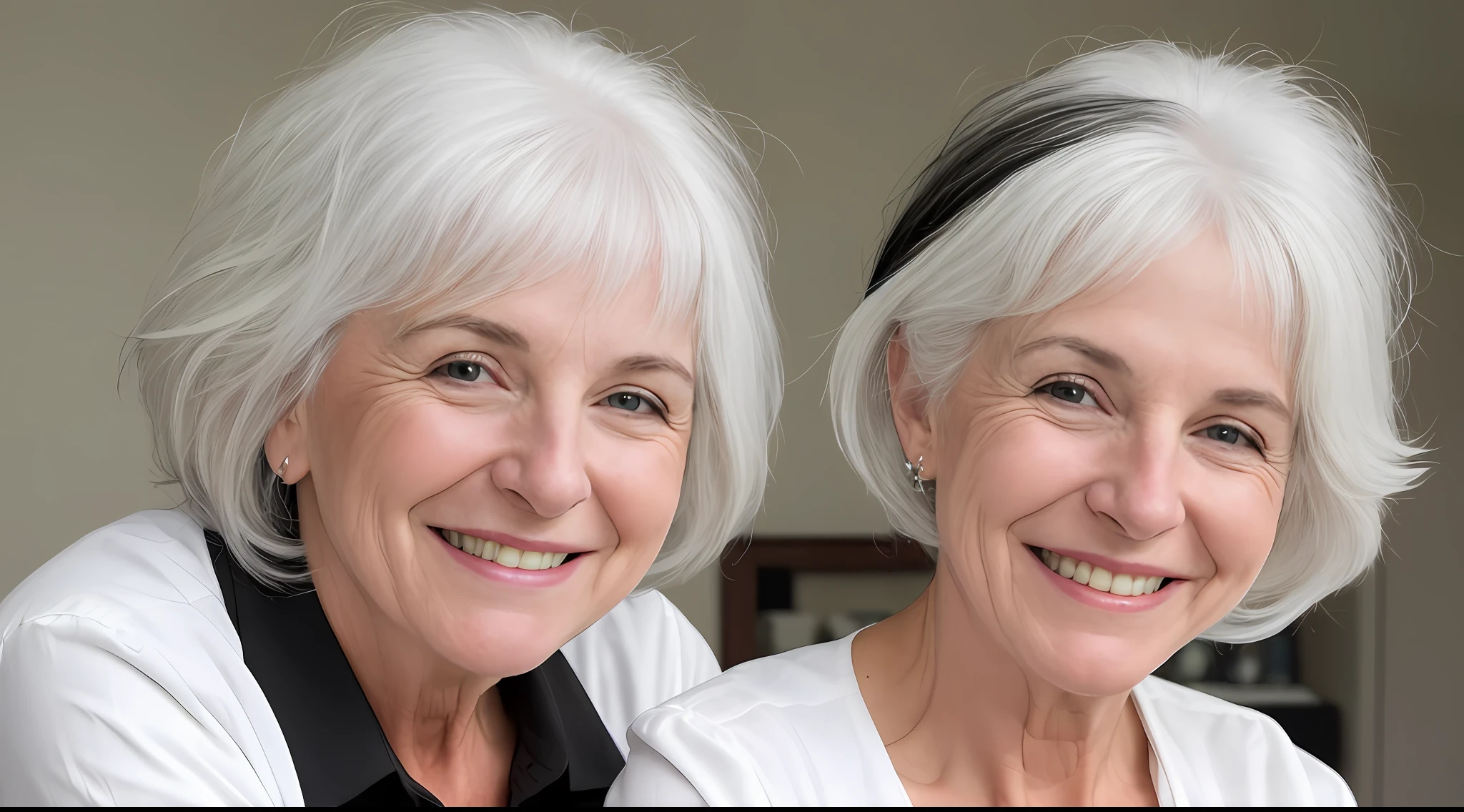 a woman with white and black hair smiling and wearing a white shirt, white haired lady, smiling woman, white and black haired, white and black -haired, she is smiling and happy, making the best smug smile, gray haired, beautiful and smiling, silver haired, she is smiling, 70 years old, 7 0 years old, wearing silver hair, flowy white grey hair, smiling with confidence