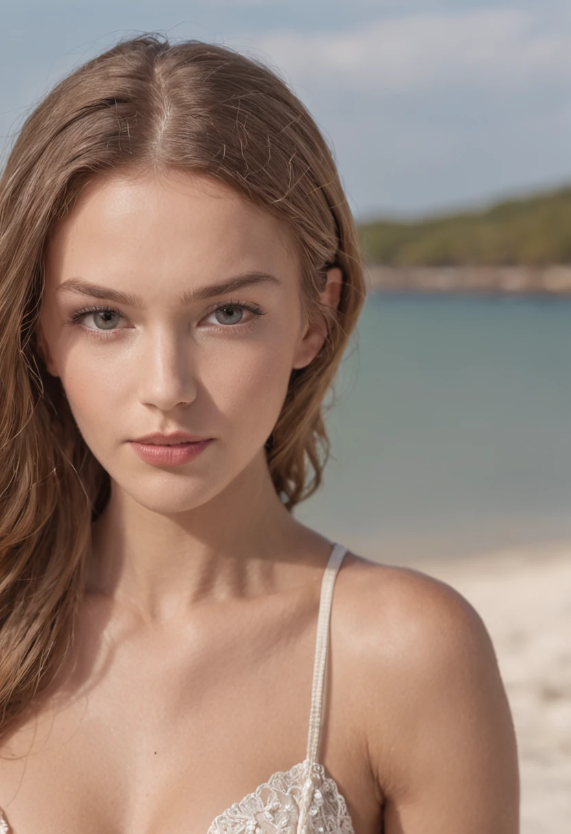 Blonde brown shining hair, (RAW Photos), (realism: 1.8), (Glossy red lipstick, Lots of eyelashes, Dark black eyeshadow, shy, blush, high quality, High resolution, Beach depth of field, chromatic aberration, caustic, Wide Light, Deep pink glossy skin, (21-year-old woman), Stylish college girl, Pink bikini only, Lots of exposure, Pause, Display in 8K resolution,