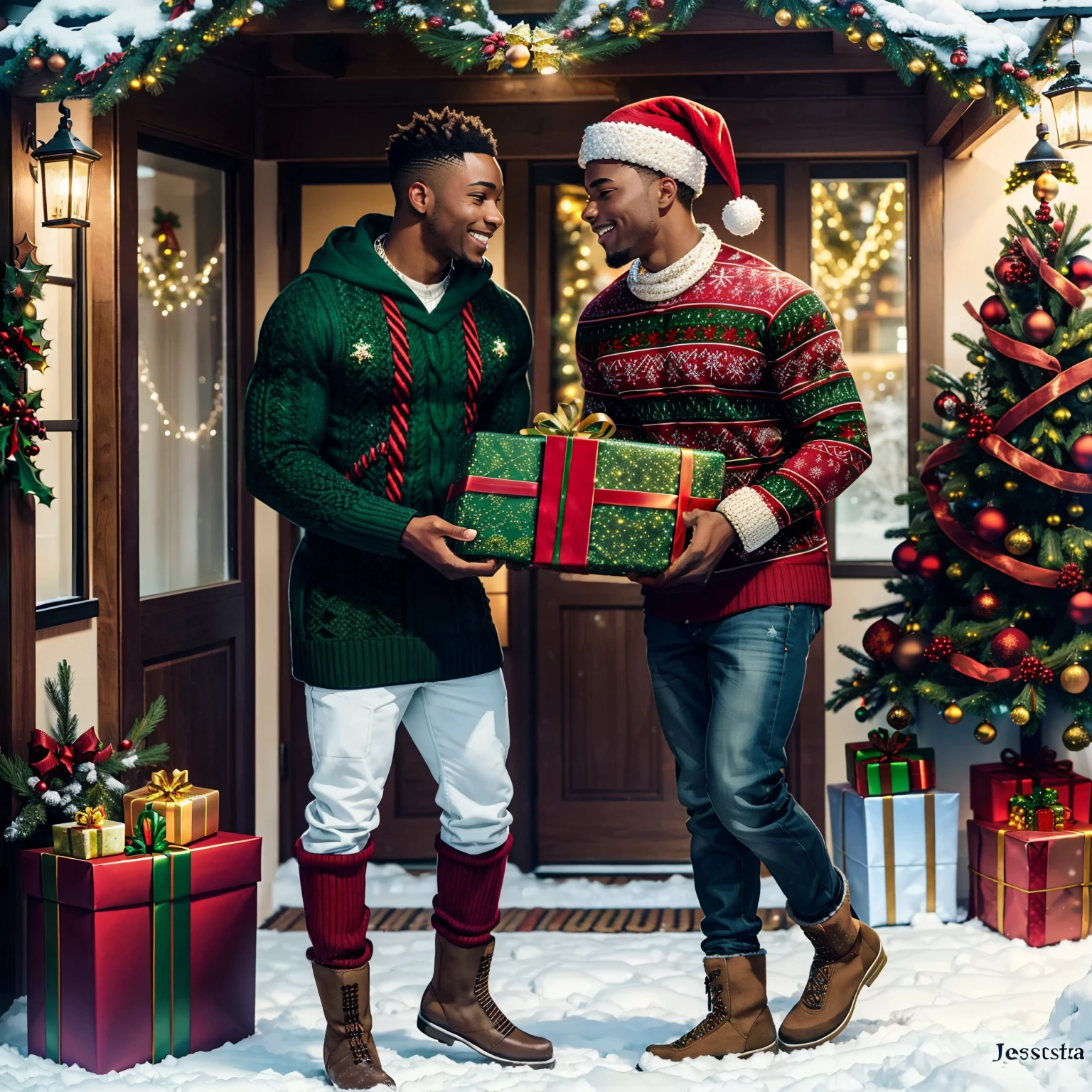 beautiful scene of an (((African American male same sex couple))) beautiful facial features exchanging (((Christmas gifts))), (((full body head to toe))) wearing beautiful knitted sweaters, beautiful winter boots, woolen mittens, nice jackets red and green colors, acrylic paints, Jessica Durrant, Sandra Eterovic, HD, warm and cozy, intricate details, high contrast, beautiful lighting, snow-covered rooftops, serene atmosphere.