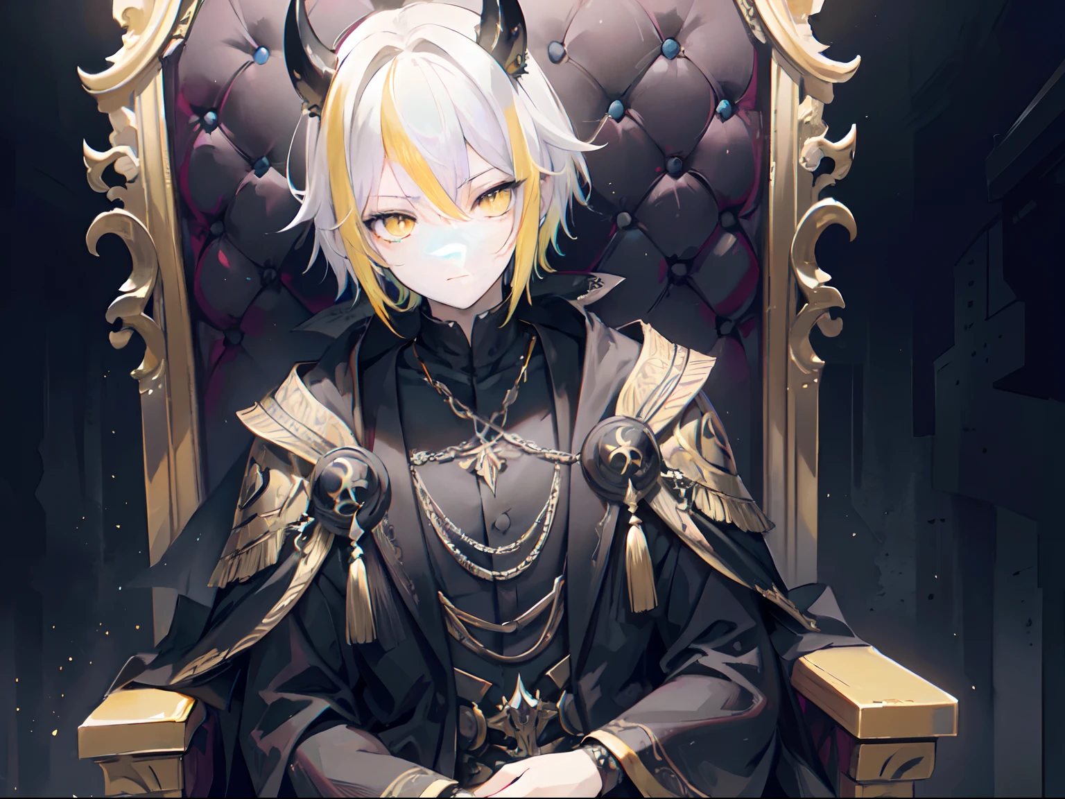 1 male, man, short hair, yellow hair, yellow eyes, king of death , death soverein, has big bufallo horns on the head, has black tail, black scale, hades, black king robe, (masterpiece, top quality, best quality),extreme detailed,colorful,highest detailed ((ultra-detailed)), (highly detailed CG illustration),(from front),cinematic light,gloomy,tired eyes, high preasure, staff with multicolored gems,sit on throne