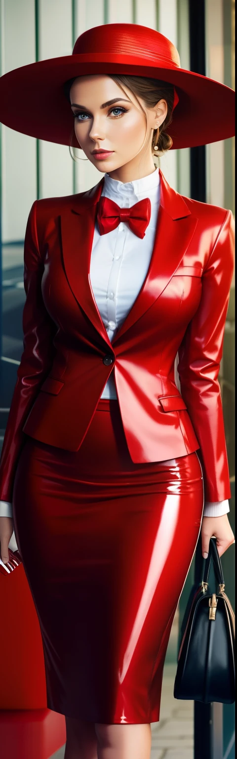 Woman in red latex blazer, Red pencil skirt, mitts, Heels, neck bowtie, hair-bun, Straw hat. Static, Enfith, Solid Backgroud, full.