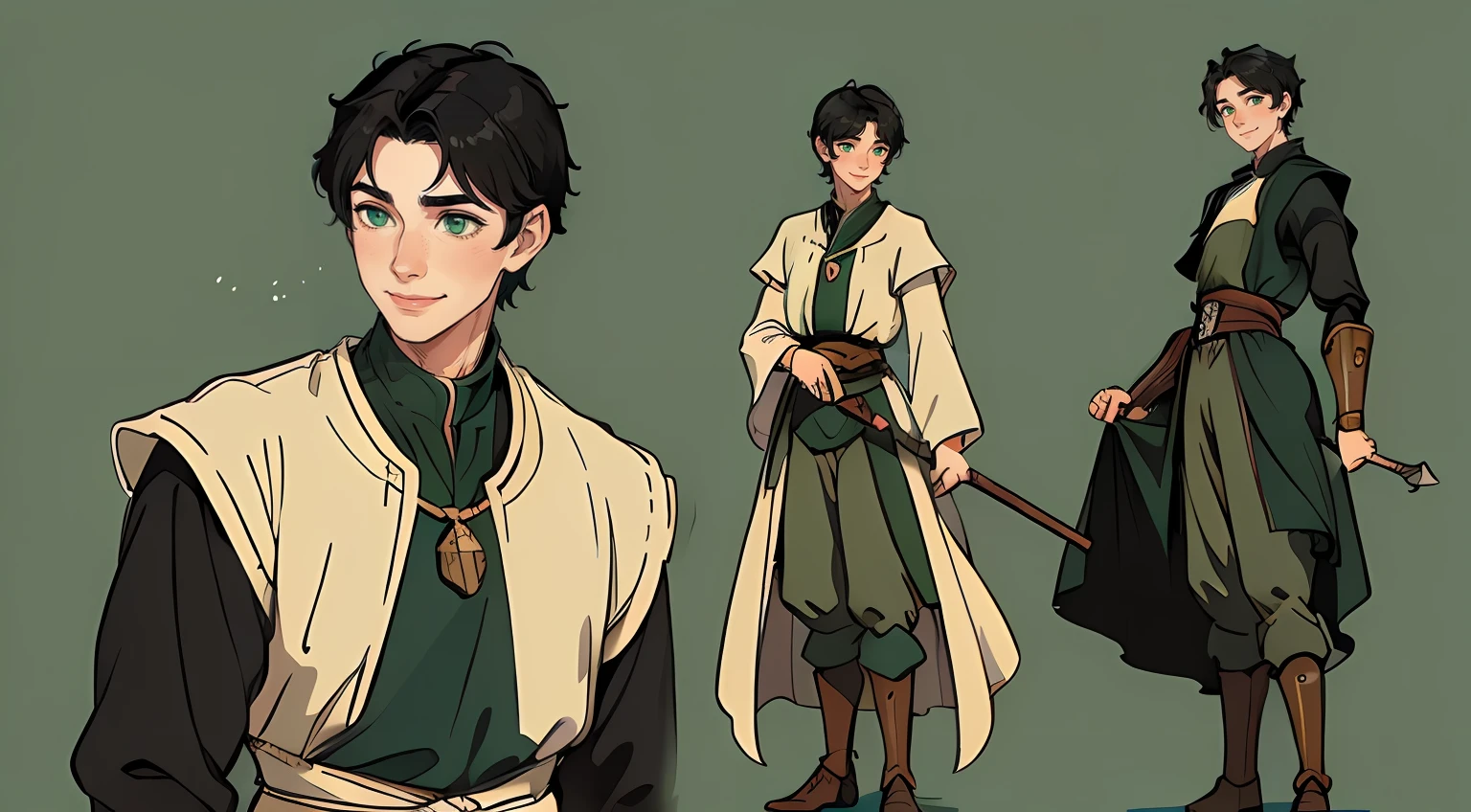(1male, short black hair, green eyes, gentle face and smile, rosy cheeks, pretty face), ((househusband)), (fantasy, medieval), ((detailed face, full body)), slim waist