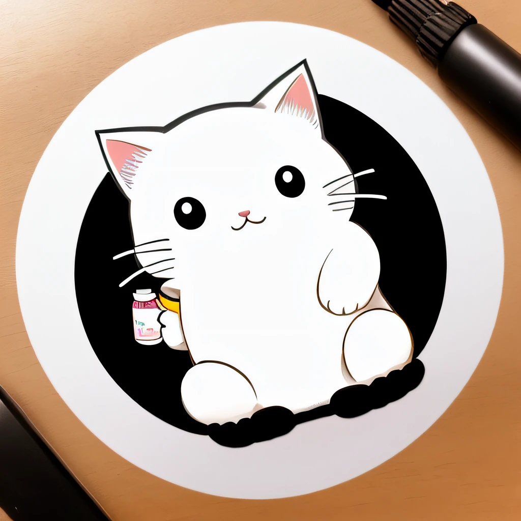 round, simple logo. there is a white striped yellow cat holding a bottle of nail polish, liquid cat, cat theme logo, cat design, , pastel electric sticker design, hq whiskers, cat illustration, white striped yellow cat, simple , black and white, minimalism,