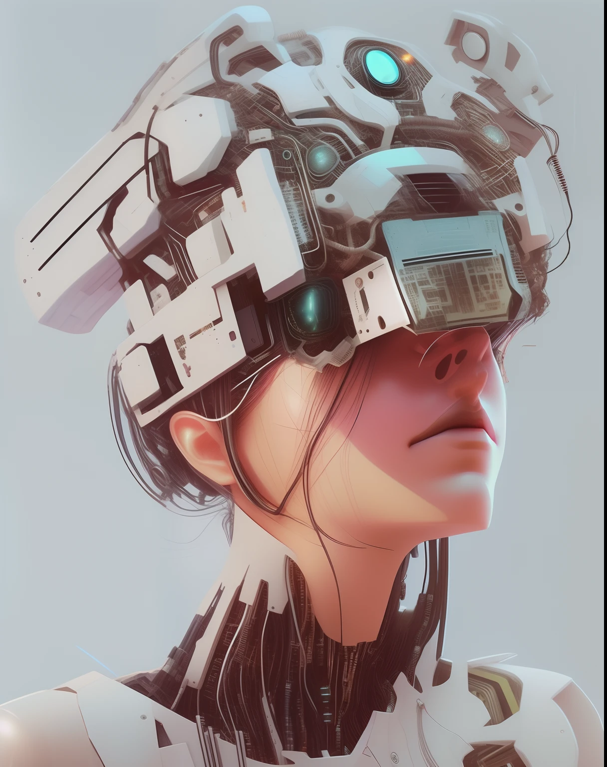 There was a woman,Wear a monitor on your head, Hyper-realistic cyberpunk style, Cyberpunk head machine, Cyberpunk Style , Hyperrealistic, muted cyberpunk style, Cyberpunk headdress, styled like ghost in the shell, cyberpunk transhumanist, has cyberpunk style, cyborg - girl, Portrait of a cyberpunk machine, Show on the《cyberpunk 2077》Curly