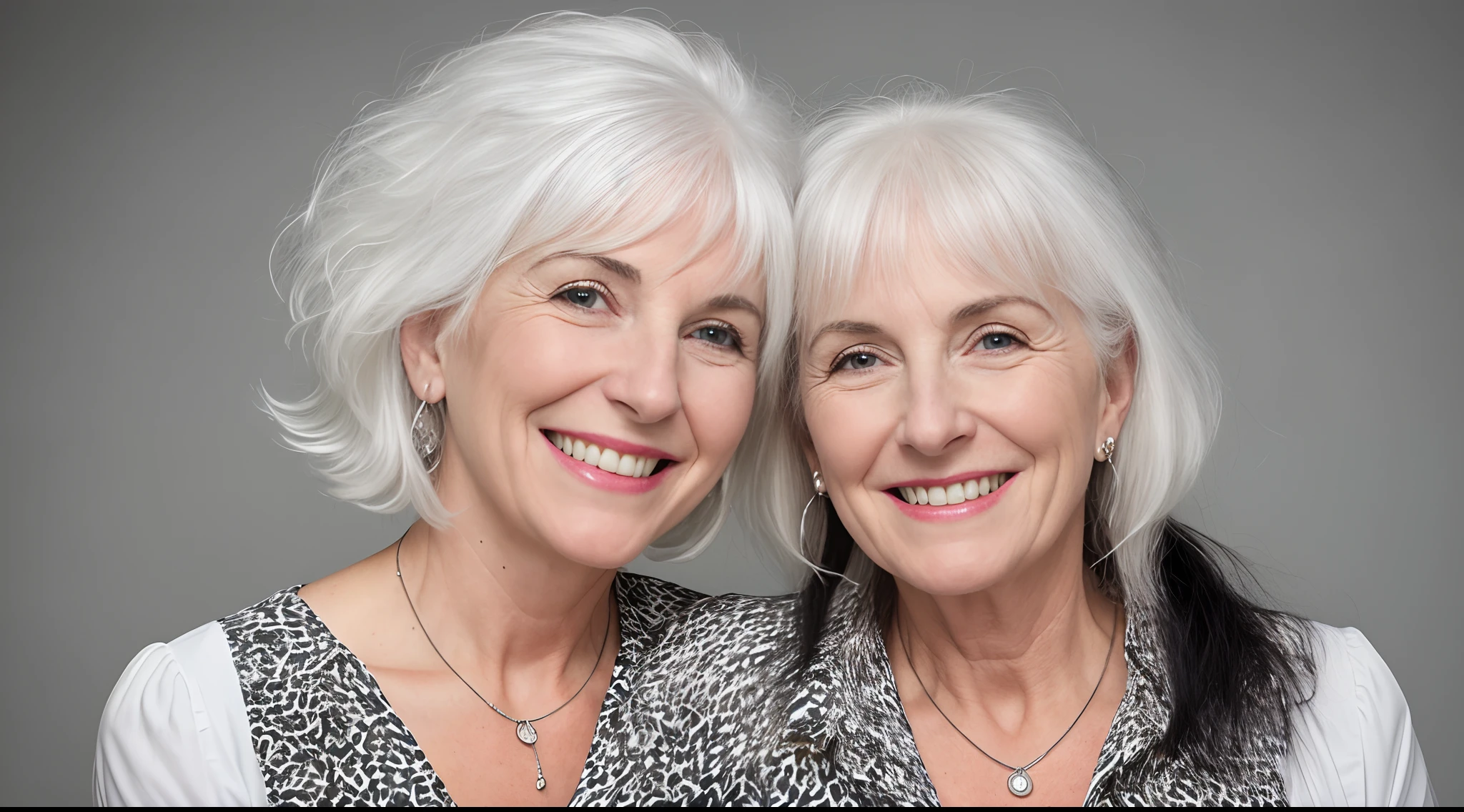 a woman with white and black hair smiling and wearing a white shirt, white haired lady, smiling woman, white and black haired, white and black -haired, she is smiling and happy, making the best smug smile, gray haired, beautiful and smiling, silver haired, she is smiling, 70 years old, 7 0 years old, wearing silver hair, flowy white grey hair, smiling with confidence