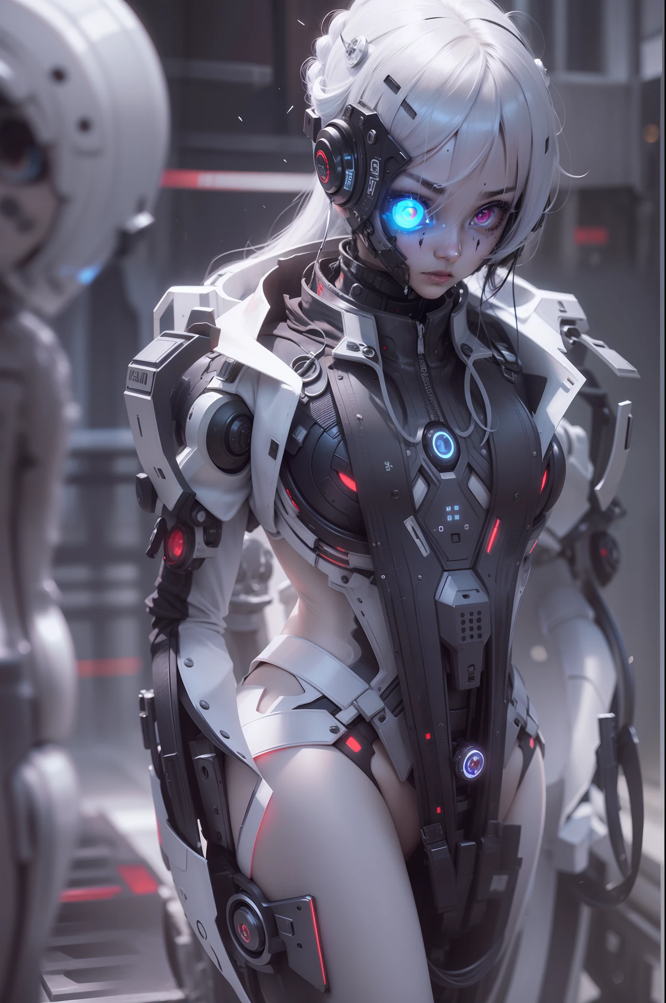 Cold cybergirl bust，Wear a blood-colored technology exoskeleton，The expression was cold，White eyeballs，super-fine，Fine high-tech oval composition，Beautiful image，Multiple monochromes，tmasterpiece，acurate，Accurate light and shadow