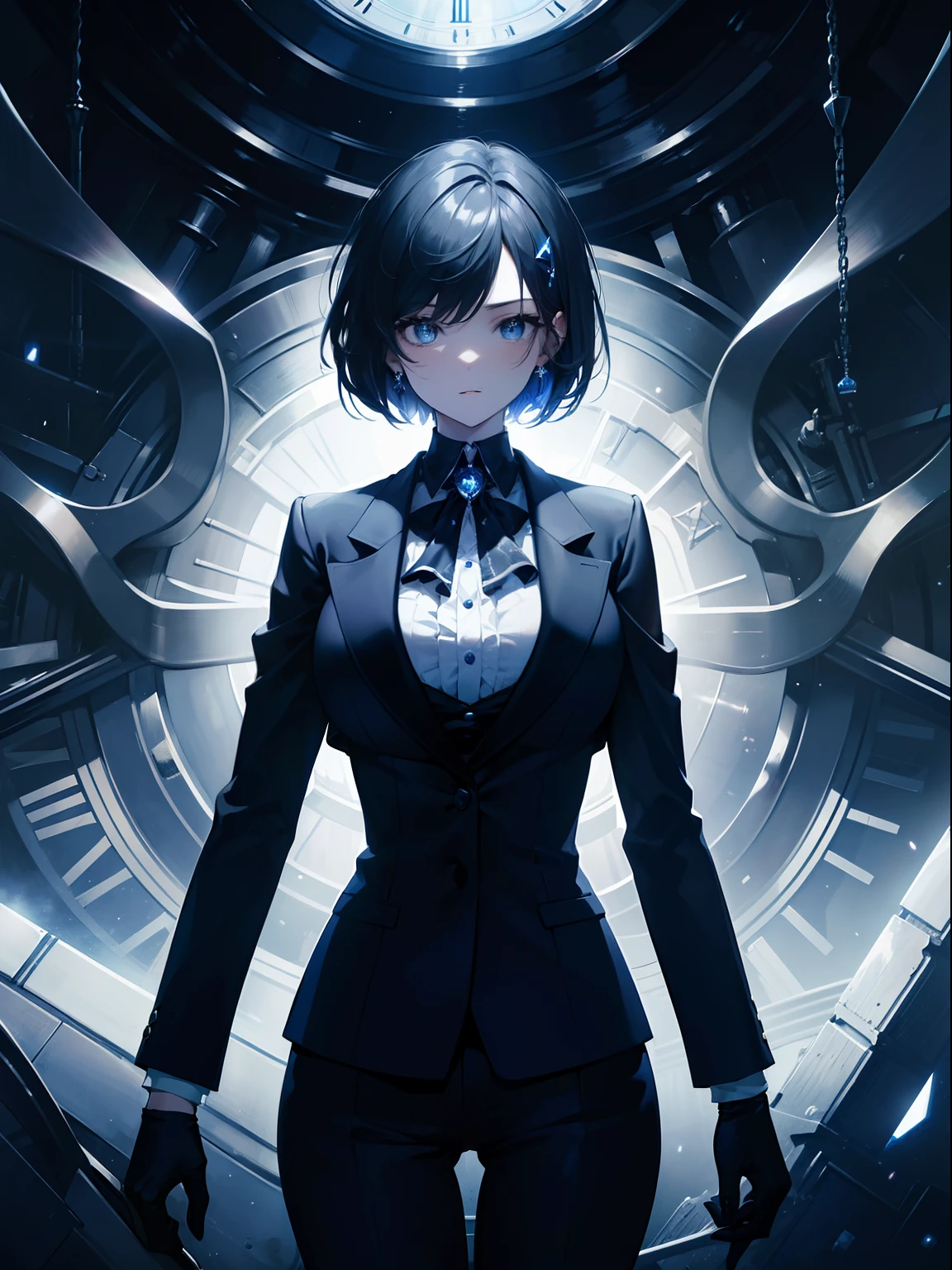 (Masterpiece, Best quality, ultra high resolution, splendid),1girl,formal suit, beautiful and detailed face, detailed eyes,short hair,in a dark gigantic room, mechanical clock, giant clock in the background, dynamic light,gray and blue theme
