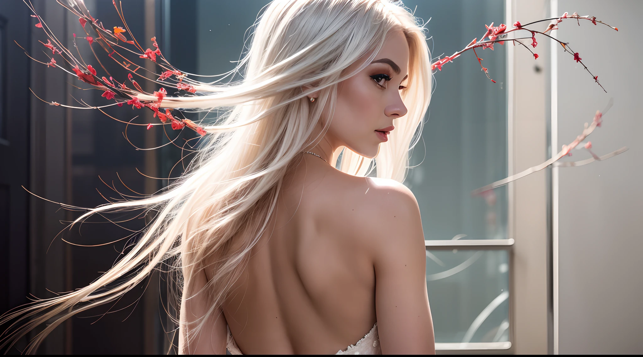 a beautiful lady, red eyes, straight hair, white hair, backless dress, from behind, looking at viewer, looking back, red spider lilies