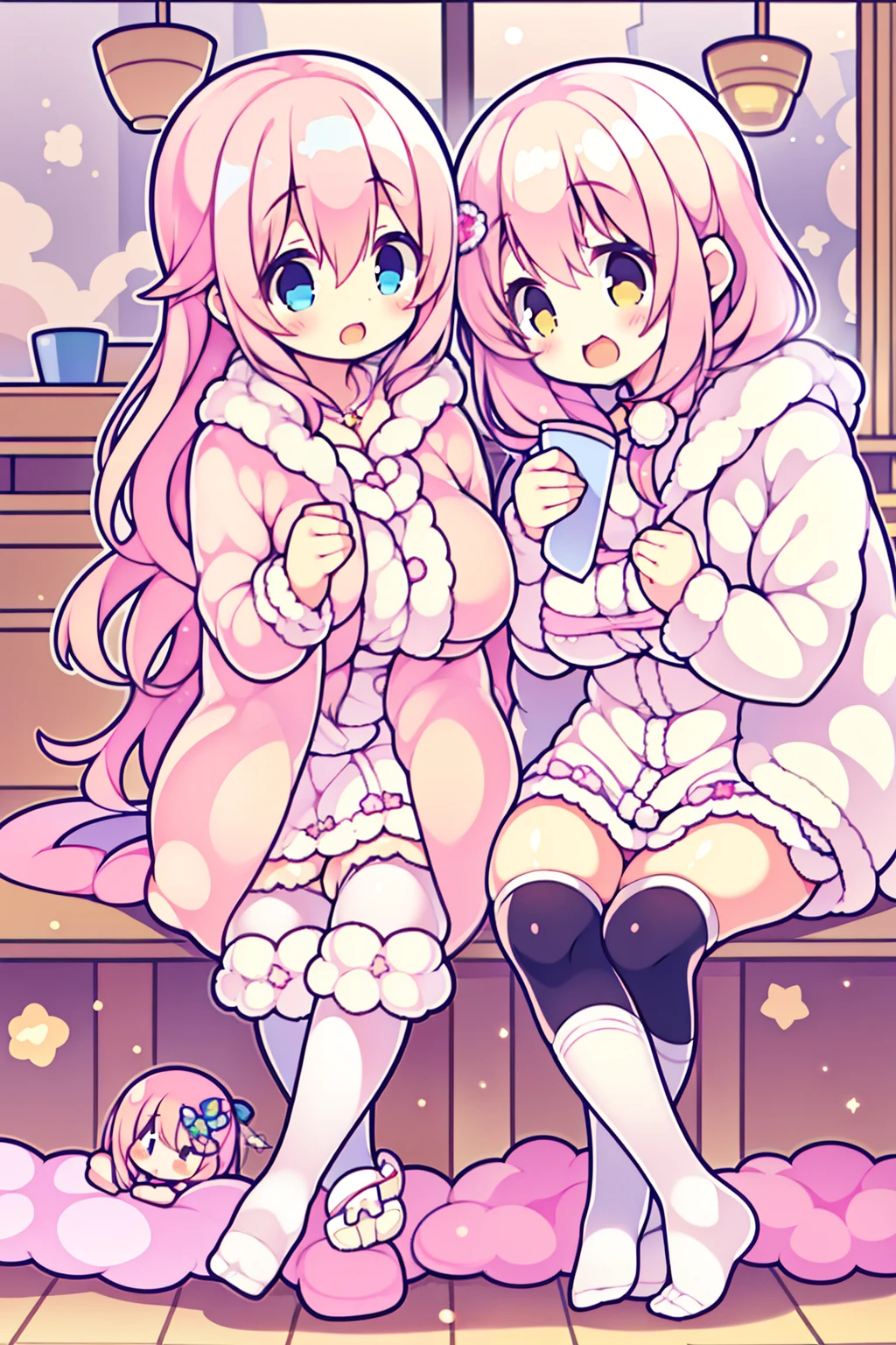 2girls,girl1:adolable,A pink-haired,Long whit hair,white stockings,robe blanche,Girl 2:adolable,A pink-haired,Long whit hair,white stockings,robe blanche。Kisses and hugs