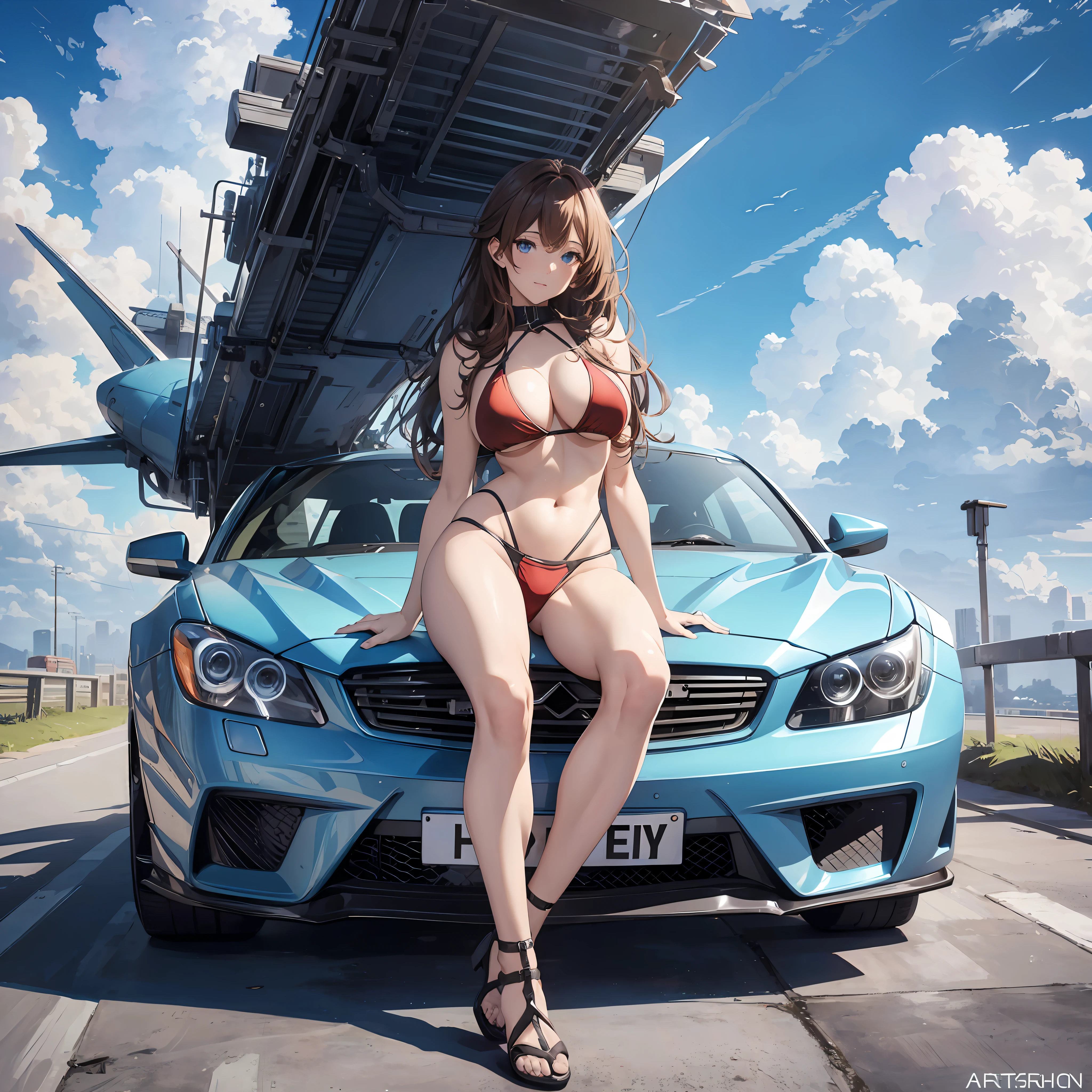 16K, HDR, ray tracing, RTX, ultra realistic, highres, wide angle shot, best quality, masterpiece, full body image, (perfect anatomy ), a beautiful mature milf posing for a photograph sitting on a car roof, wearing a sexy red bikini, long brown hair, bangs, happy chuckle, blue eyes, sexy body, looking at the camera, day time, blue sky, clouds, spaceship in the sky, anime style, outdoors, trending on artstation, WLOP, sakimichan, award wining, great composition, perfect, great lighting