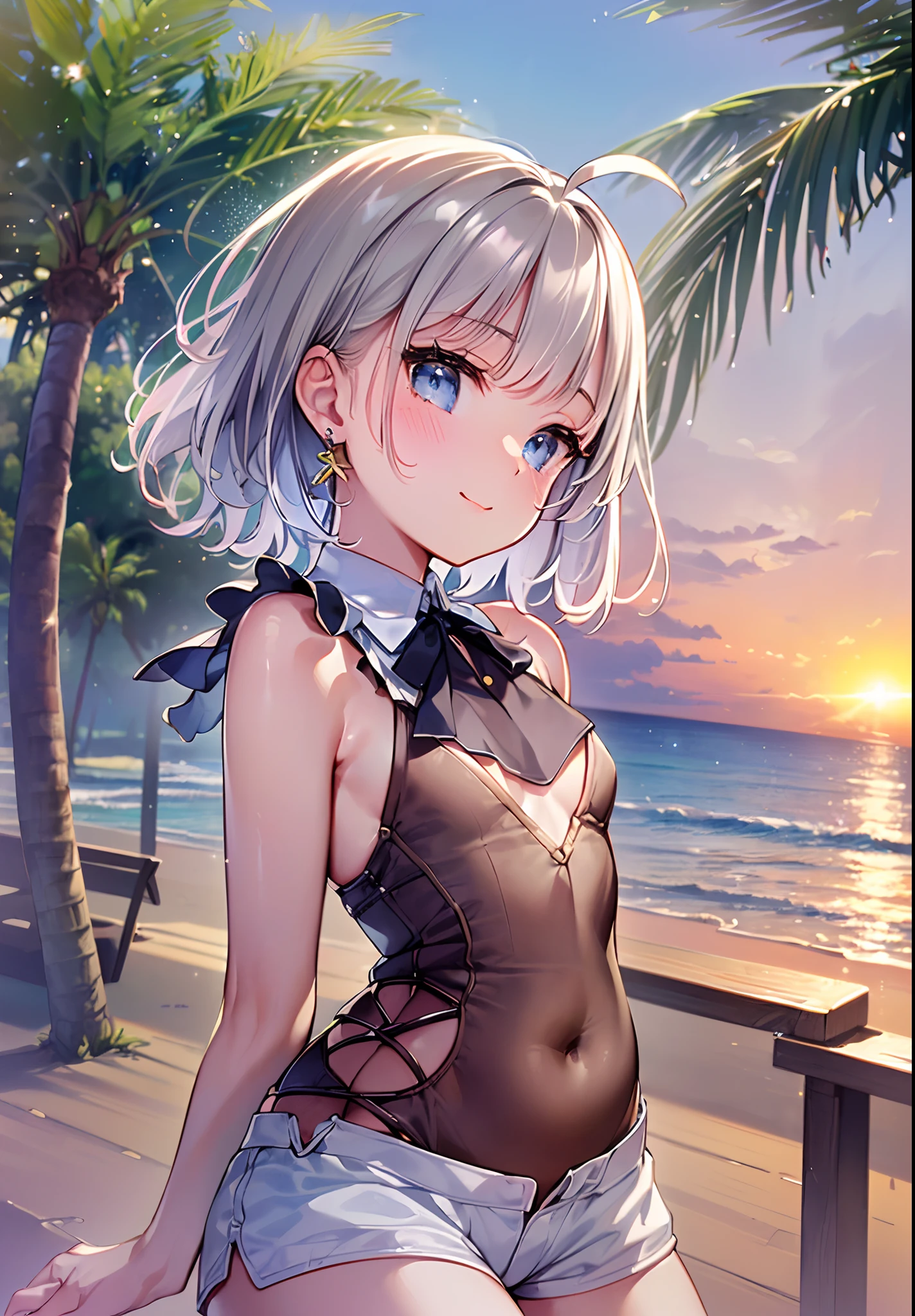 (((Masterpiece)), (((Highest Quality)), (((Very delicate and beautiful)), (Highly detailed CG Unity 8K wallpaper: 1.3), Very delicate light, (Backlight), (Steampunk),
/=、
(Cowboy Body)), (1 : 1.3), Solo, (Petite), (Small), White Swimsuit, High Waist Shorts, White Hair, Blue Eyes, Earrings, (Wavy Curly Short Hair), (Ahoge), (Cute Face: 1.114), (Fine Eyes: 1.15), (Cute Face: 1.114)
, (beautiful fine eyes and beautiful face: 1.15),
The girl is smiling and looks happy in a beautiful tropical landscape. Behind her, the sun is setting, casting a warm glow on the scene, creating a dreamy atmosphere. In the distance, palm trees sway in the breeze, creating a leisurely retro atmosphere, such as sand, sun, beach, sea, horizon, etc.
Highly detailed ray tracing