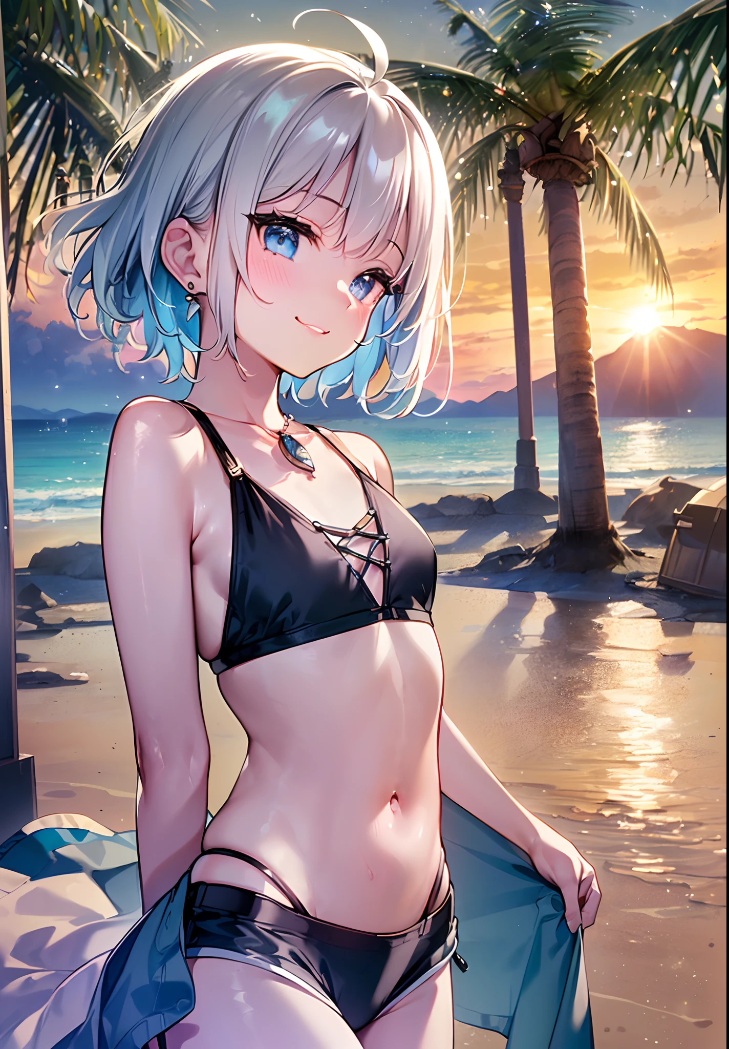 (((Masterpiece)), (((Highest Quality)), (((Very delicate and beautiful)), (Highly detailed CG Unity 8K wallpaper: 1.3), Very delicate light, (Backlight), (Steampunk),

/=、
(Cowboy Body)), (1 : 1.3), Solo, (Petite), (Small), White Swimsuit, High Waist Shorts, White Hair, Blue Eyes, Earrings, (Wavy Curly Short Hair), (Ahoge), (Cute Face: 1.114), (Fine Eyes: 1.15), (Cute Face: 1.114)
, (beautiful fine eyes and beautiful face: 1.15),
The girl is smiling and looks happy in a beautiful tropical landscape. Behind her, the sun is setting, casting a warm glow on the scene, creating a dreamy atmosphere. In the distance, palm trees sway in the breeze, creating a leisurely retro atmosphere, such as sand, sun, beach, sea, horizon, etc.

Highly detailed ray tracing