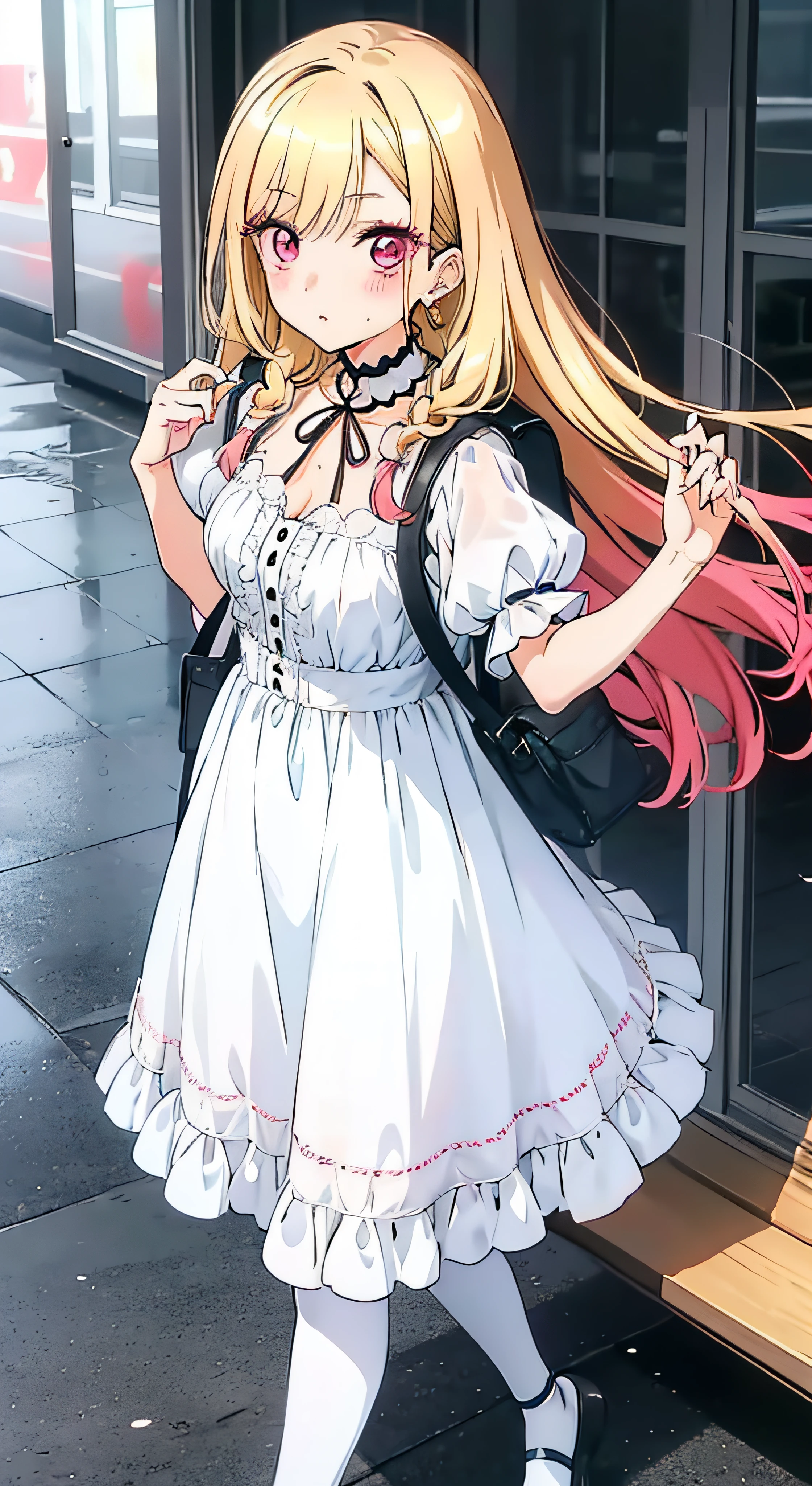 anime girl, Marin Kitagawa, anime my dress up darling, alone, looks at viewer, blonde hair, braids, headband, makeup, gyaru, elegant dress, long skirt, white tights, feminine shoes, backpack, blushes, in love, autumn, rainy day