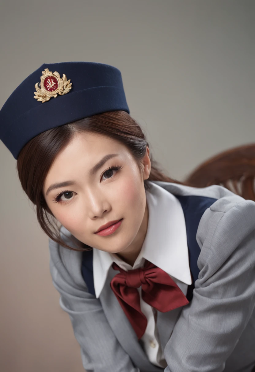 ((gorgeous Asian stewardess sitting in cowgirl position on a man's lap)), (((vaginal penetration))), (fully exposed genitals), she's yawning, on a passenger plane