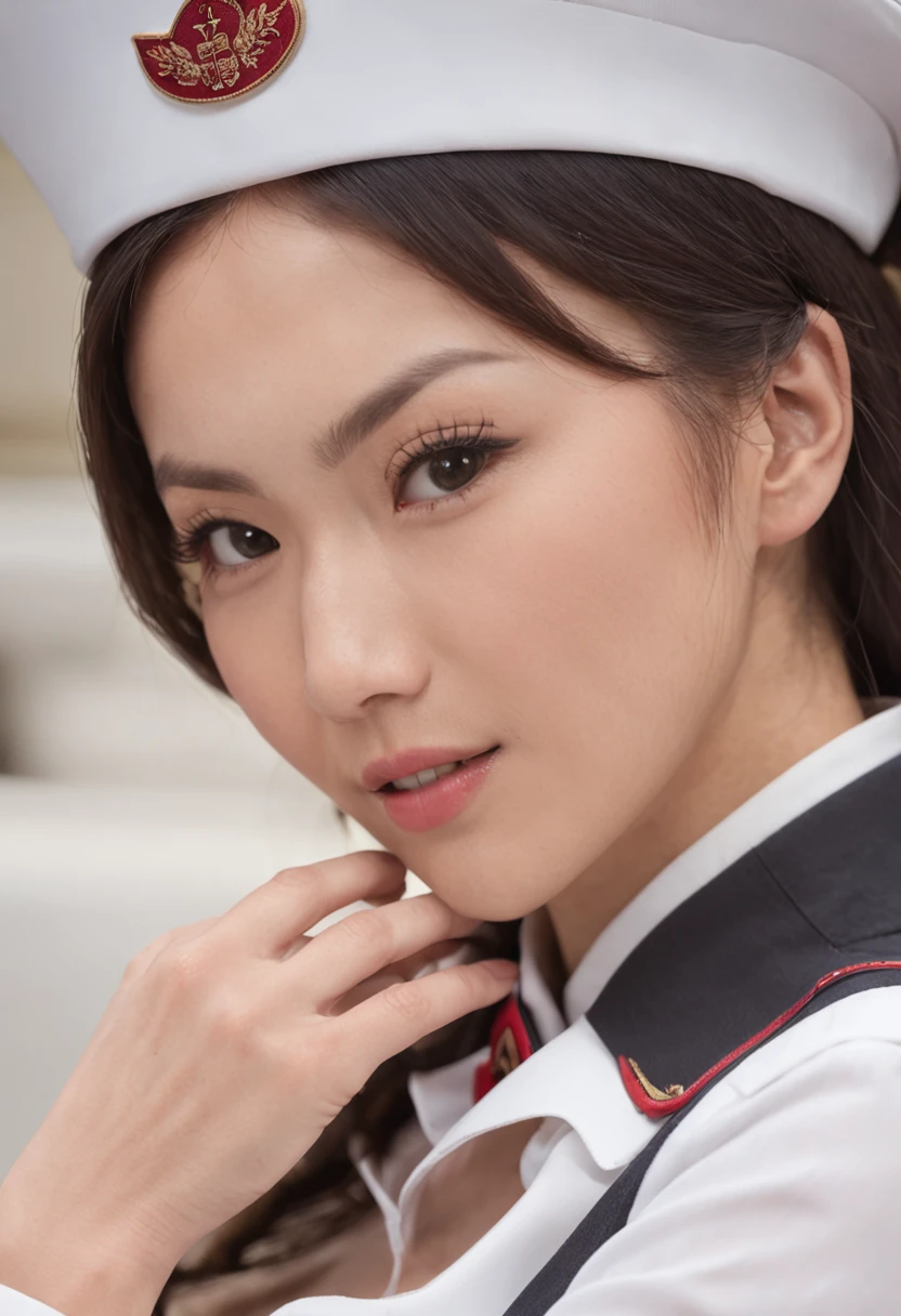 ((gorgeous Asian stewardess sitting in cowgirl position on a man's lap)), (((vaginal penetration))), (fully exposed genitals), she's yawning, on a passenger plane