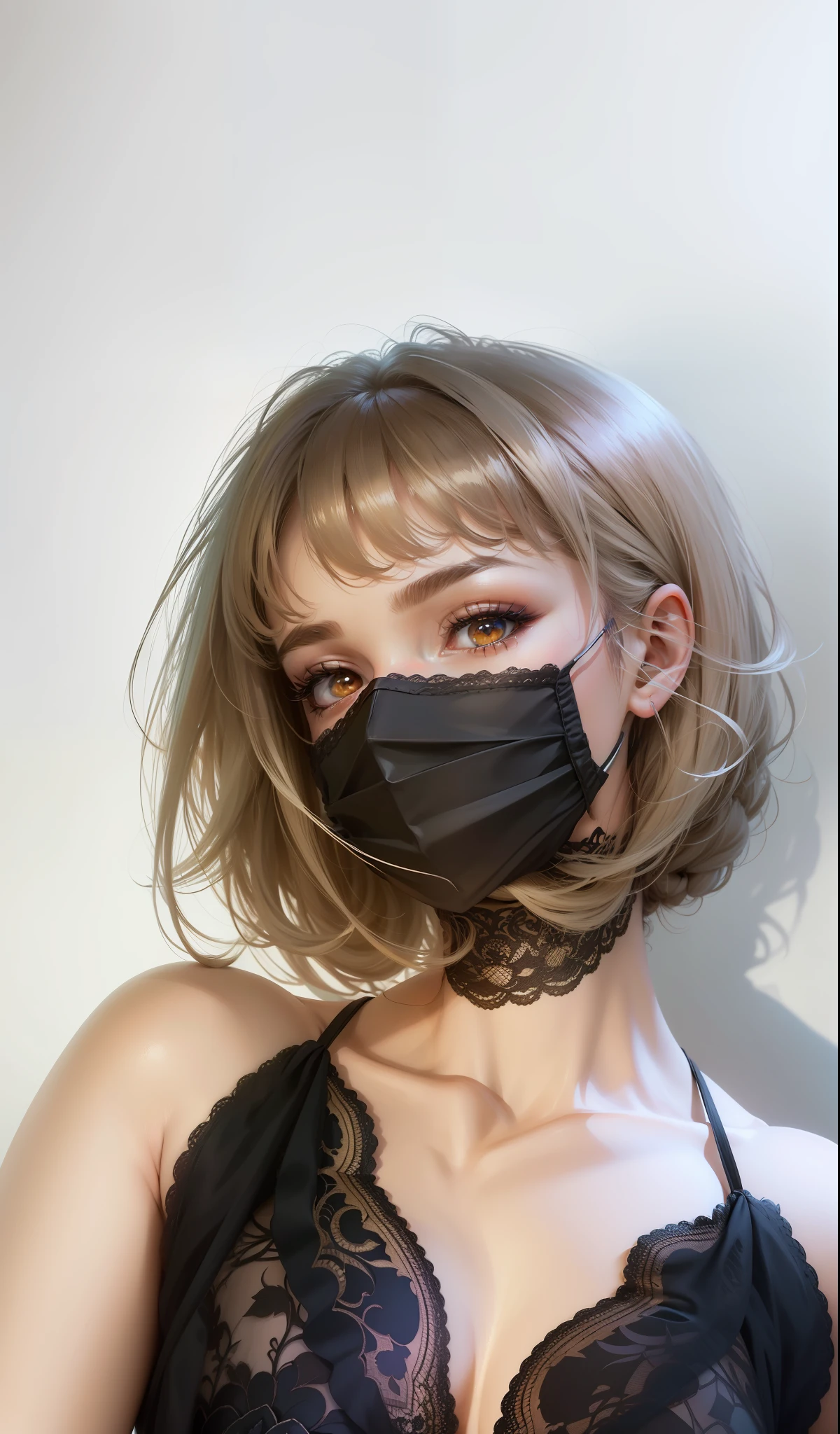 Lots of detail，Super perfect，Professional lighting，white backgrounid，skin textures，Bright eyes，Super real，Lace mask，Lace clothes，Bigchest，White skin and beautiful appearance，Perfect hair details，8K，Photo-real，Hair is longer，hyper HD，Bright brown pupils，Background shadow details，Do not decorate the headgear