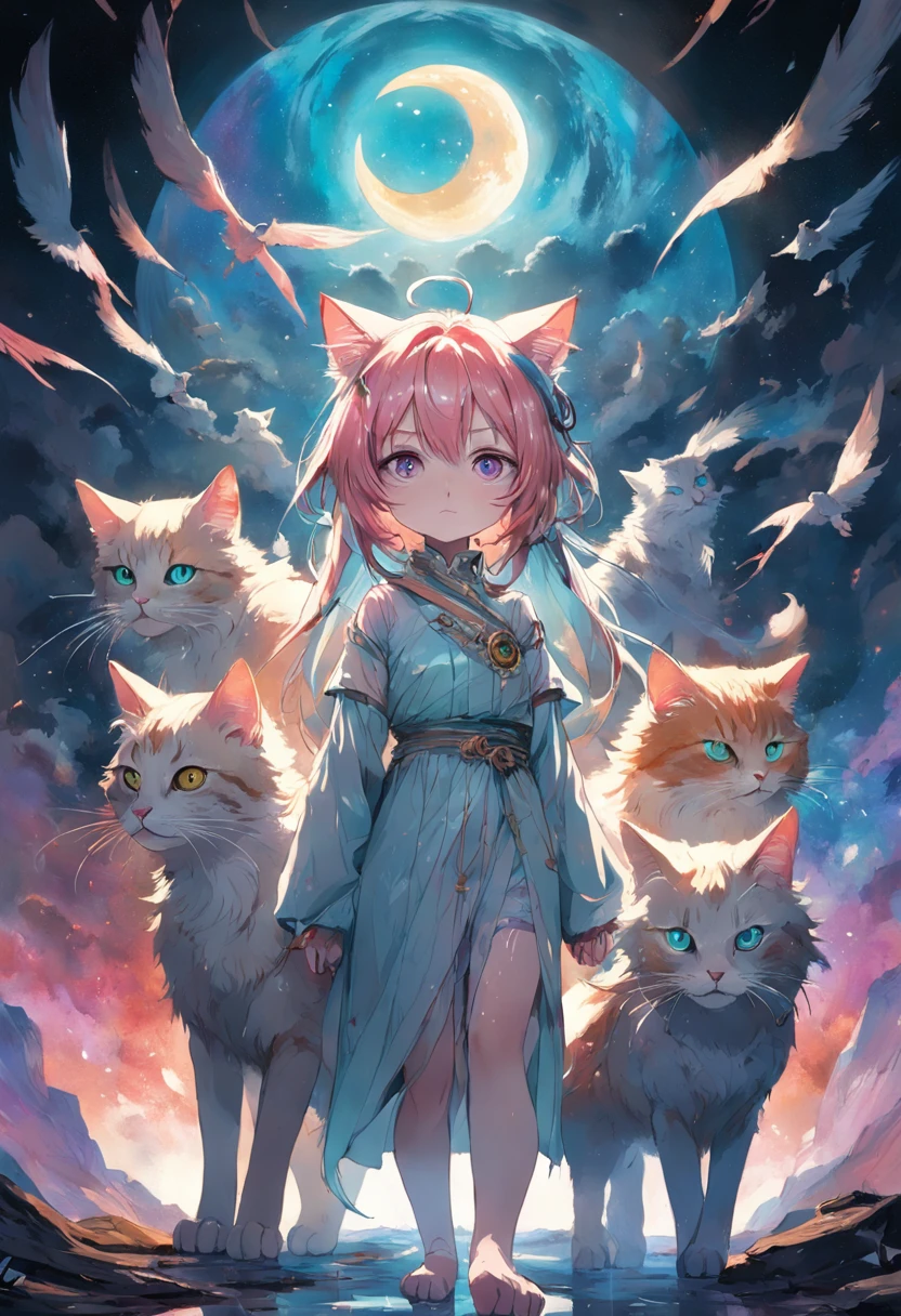 bright colours, A group of cats, a huge stage in the style of miracles from Carne Griffiths and Vadim Ashin, abstract beauty, centered, looking at the camera, approaching perfection, dynamic, moon light, Highly detailed, Digital Painting, Artstation, Concept art, Smooth, sharp-focus, illustartion, whitebackground